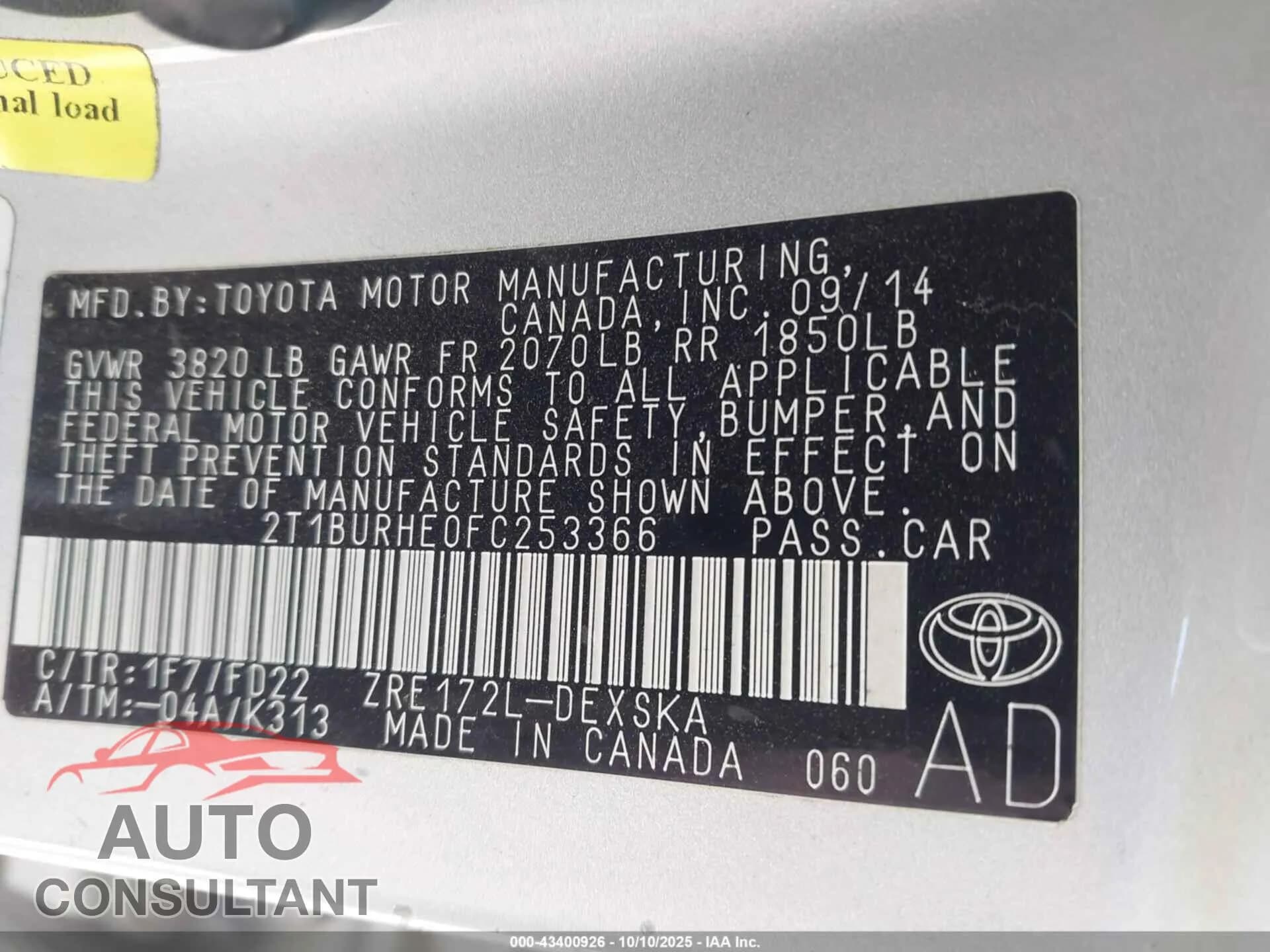 2015 TOYOTA COROLLA Damaged VIN 2T1BURHE0FC253366 – trunk area 2015 TOYOTA COROLLA Damaged VIN 2T1BURHE0FC253366 – trunk area