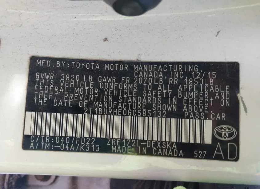 2016 TOYOTA Corolla Used VIN 2T1BURHE0GC585132 – trunk area 2016 TOYOTA Corolla Used VIN 2T1BURHE0GC585132 – trunk area