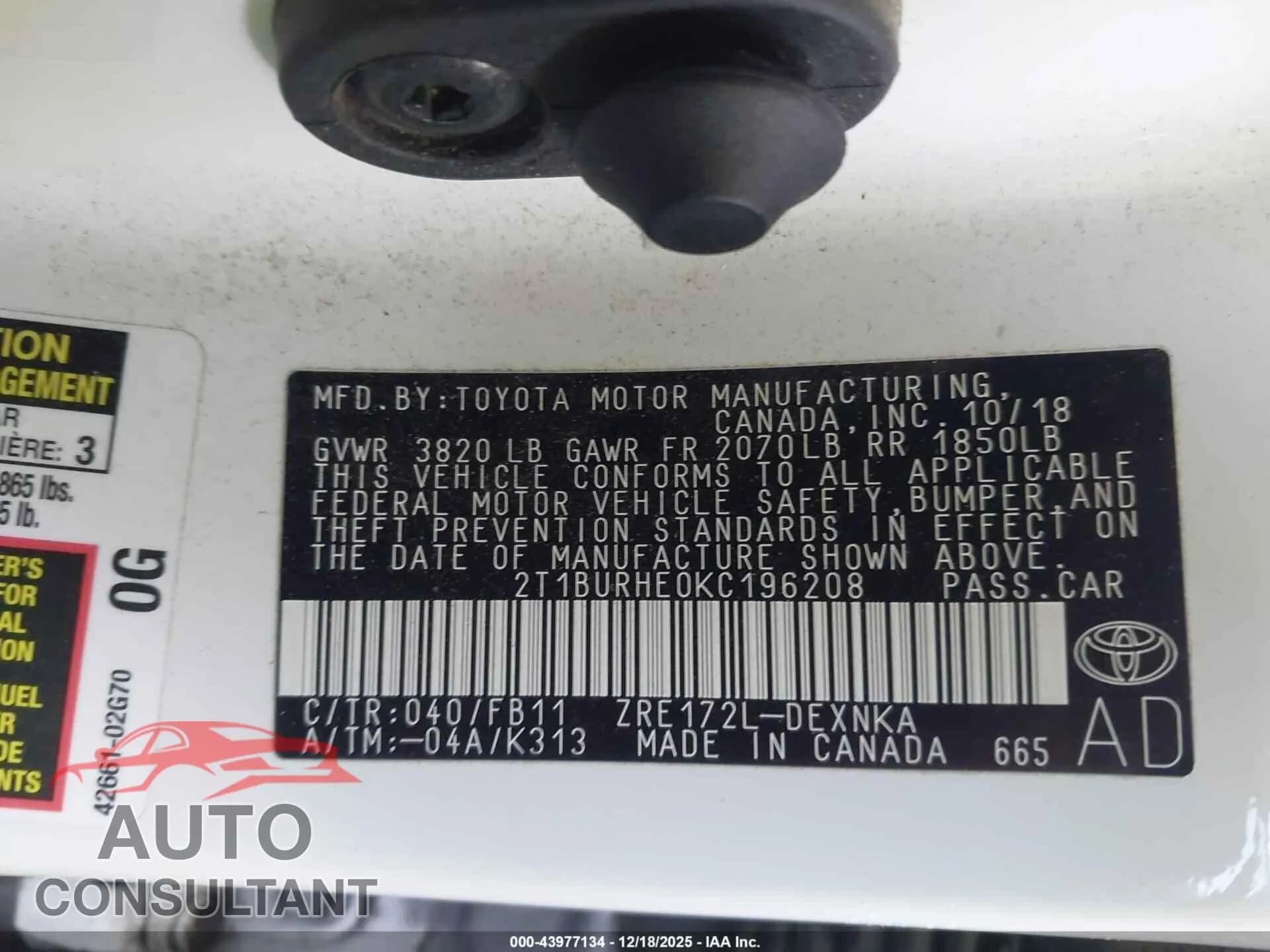 2019 TOYOTA COROLLA Damaged VIN 2T1BURHE0KC196208 – trunk area 2019 TOYOTA COROLLA Damaged VIN 2T1BURHE0KC196208 – trunk area