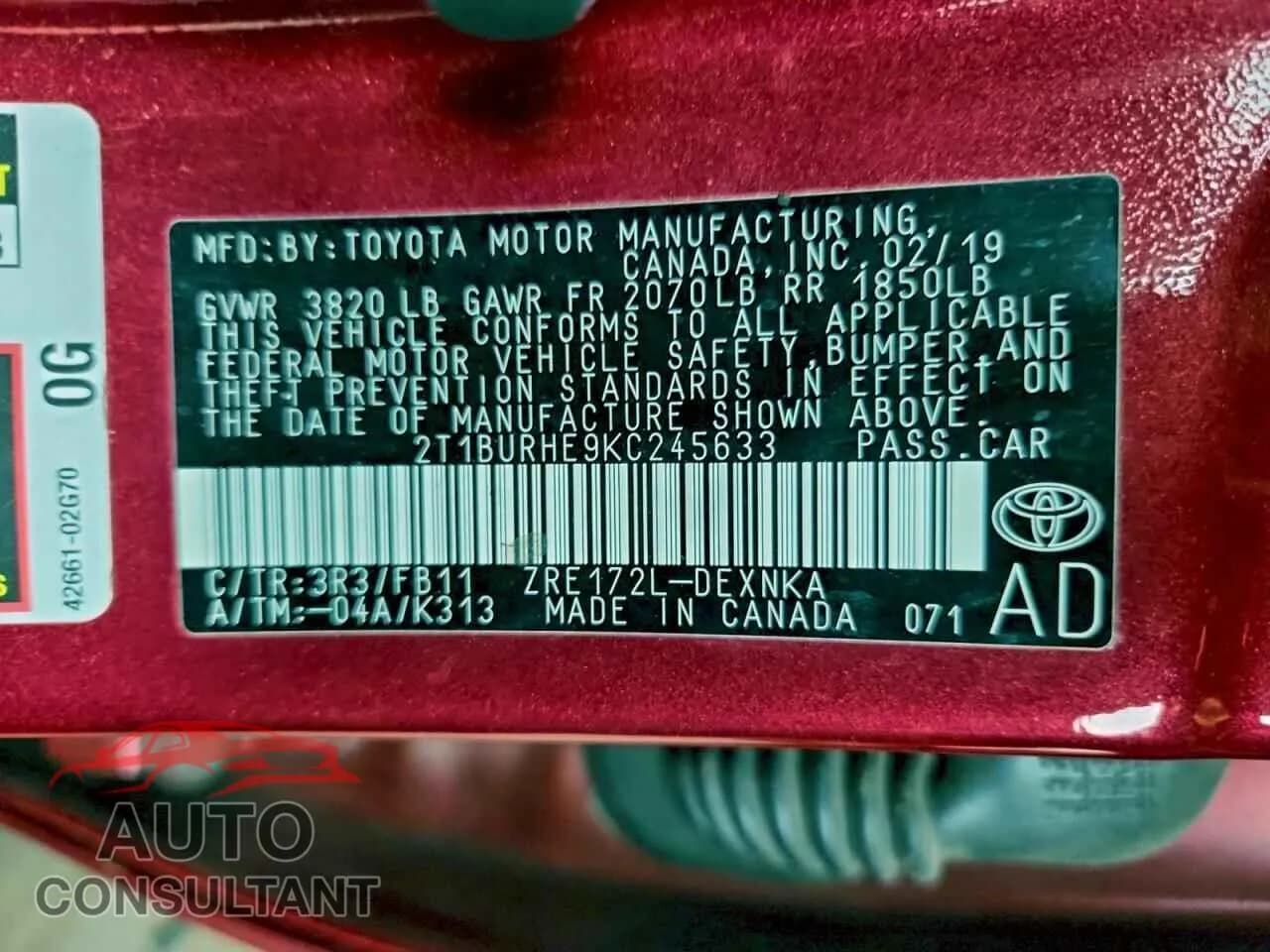 2019 TOYOTA COROLLA Damaged VIN 2T1BURHE9KC245633 – photo 12 2019 TOYOTA COROLLA Damaged VIN 2T1BURHE9KC245633 – photo 12