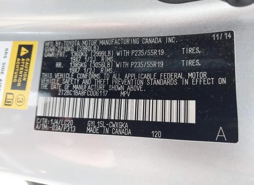 2015 LEXUS RX Used VIN 2T2BC1BA8FC006117 – odometer reading 2015 LEXUS RX Used VIN 2T2BC1BA8FC006117 – odometer reading