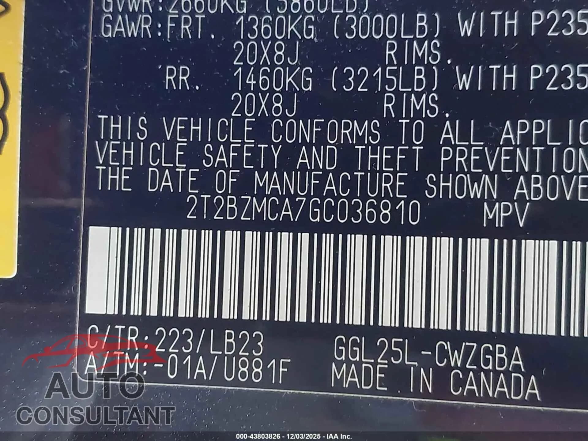 2016 LEXUS RX 350 Damaged VIN 2T2BZMCA7GC036810 – trunk area 2016 LEXUS RX 350 Damaged VIN 2T2BZMCA7GC036810 – trunk area