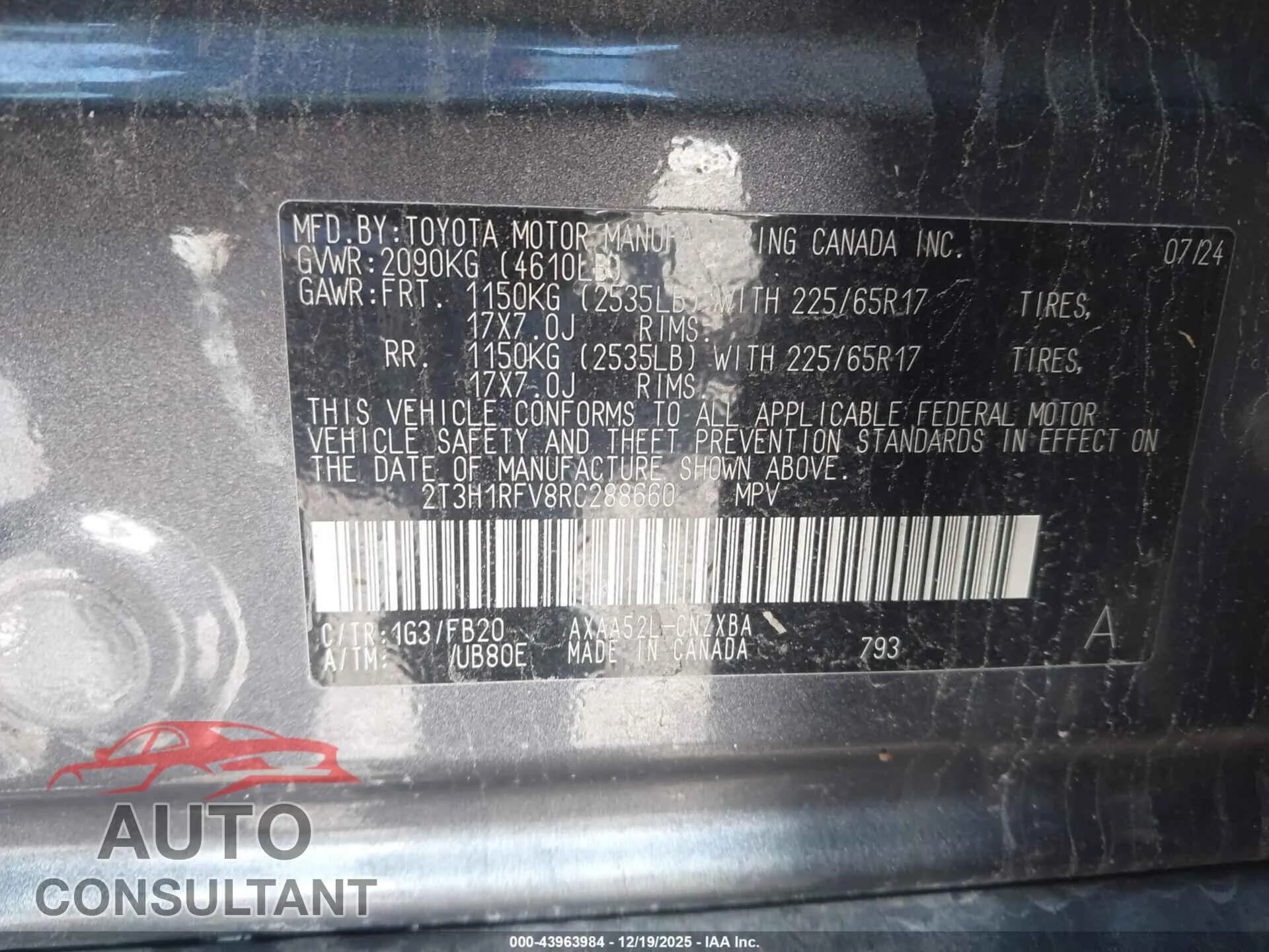 2024 TOYOTA RAV4 Damaged VIN 2T3H1RFV8RC288660 – trunk area 2024 TOYOTA RAV4 Damaged VIN 2T3H1RFV8RC288660 – trunk area