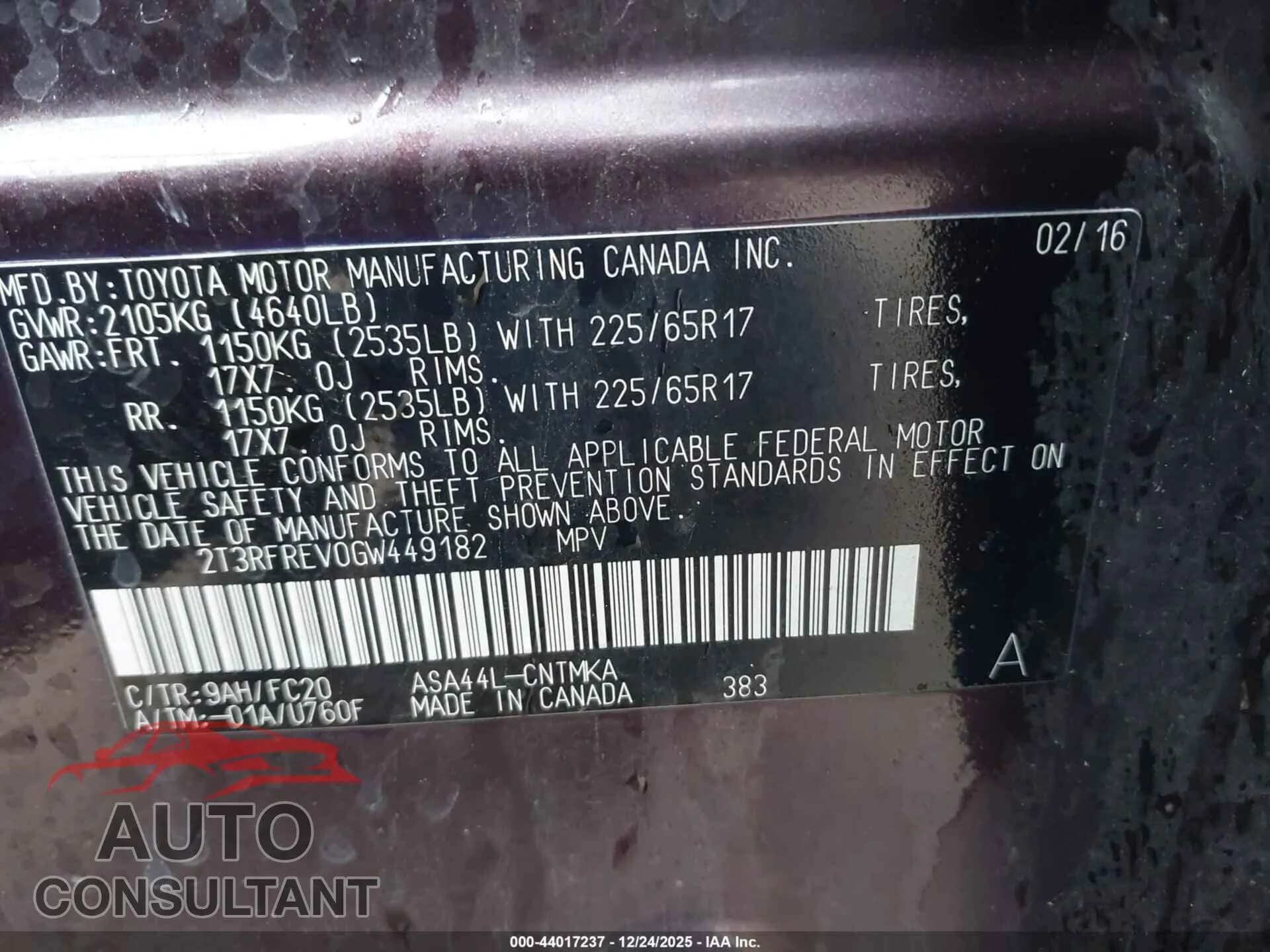 2016 TOYOTA RAV4 Damaged VIN 2T3RFREV0GW449182 – trunk area 2016 TOYOTA RAV4 Damaged VIN 2T3RFREV0GW449182 – trunk area