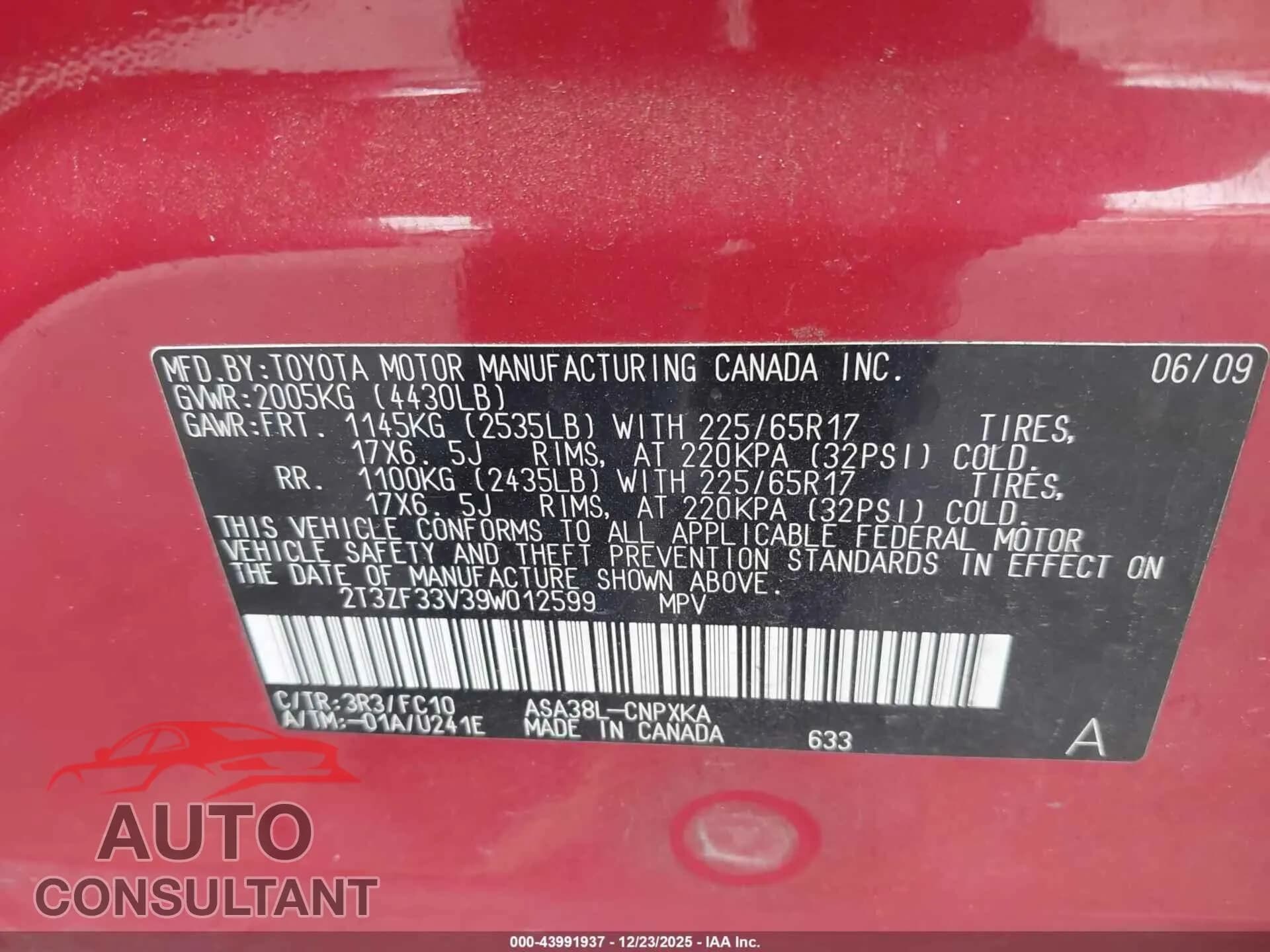 2009 TOYOTA RAV4 Damaged VIN 2T3ZF33V39W012599 – trunk area 2009 TOYOTA RAV4 Damaged VIN 2T3ZF33V39W012599 – trunk area