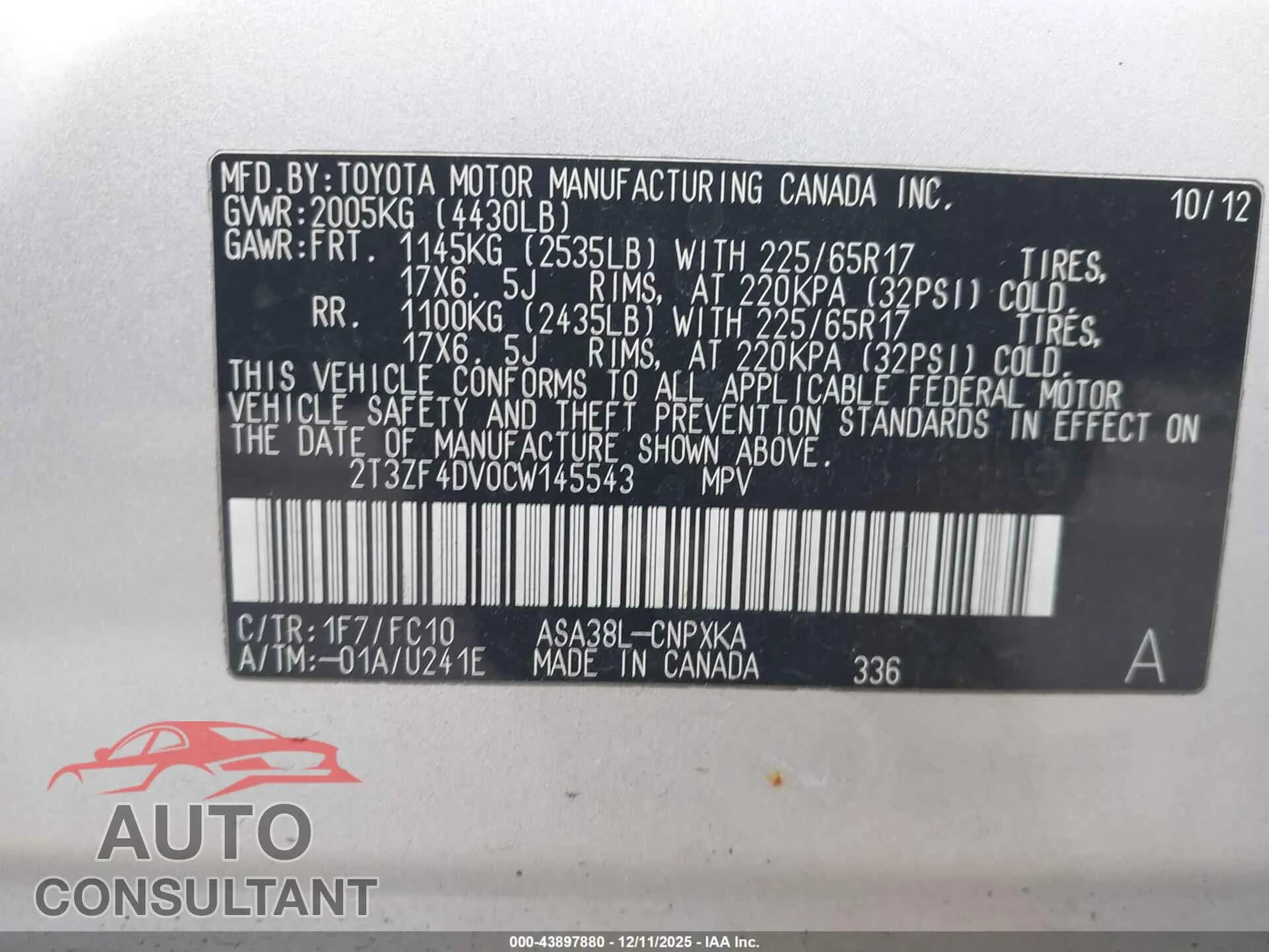 2012 TOYOTA RAV4 Damaged VIN 2T3ZF4DV0CW145543 – trunk area 2012 TOYOTA RAV4 Damaged VIN 2T3ZF4DV0CW145543 – trunk area