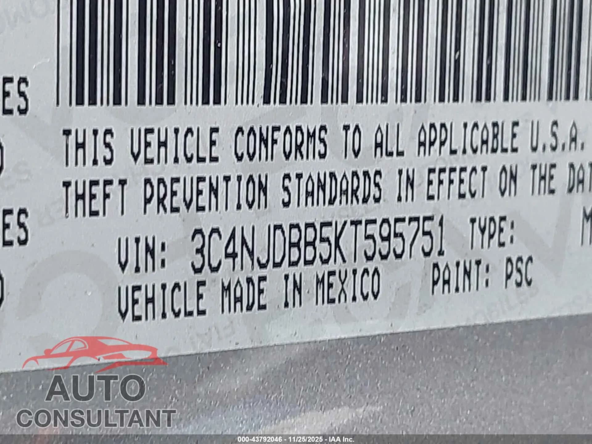 2019 JEEP COMPASS Damaged VIN 3C4NJDBB5KT595751 – trunk area 2019 JEEP COMPASS Damaged VIN 3C4NJDBB5KT595751 – trunk area