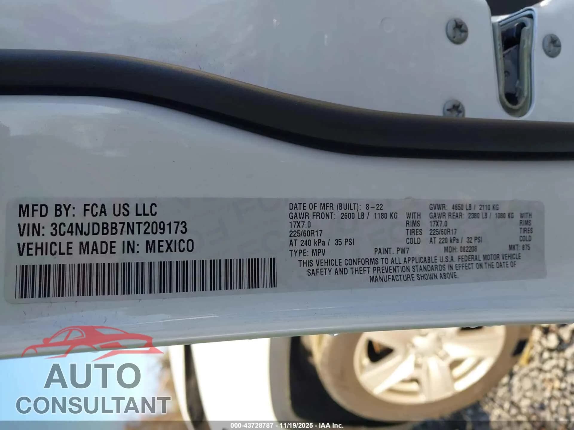 2022 JEEP COMPASS Damaged VIN 3C4NJDBB7NT209173 – trunk area 2022 JEEP COMPASS Damaged VIN 3C4NJDBB7NT209173 – trunk area