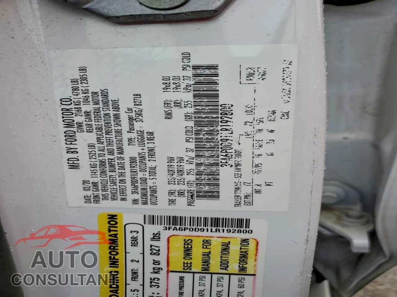 2020 FORD FUSION Damaged VIN 3FA6P0D91LR192800 – photo 12 2020 FORD FUSION Damaged VIN 3FA6P0D91LR192800 – photo 12