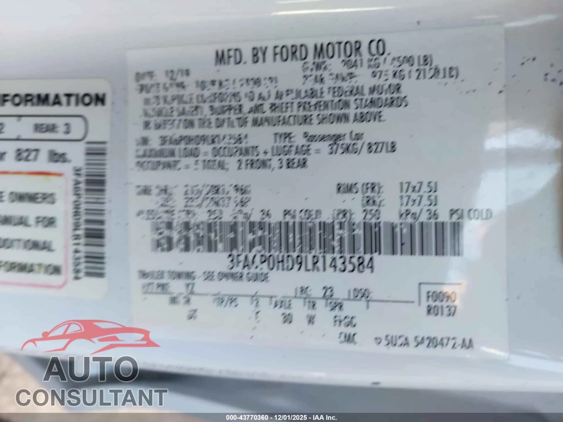 2020 FORD FUSION Damaged VIN 3FA6P0HD9LR143584 – trunk area 2020 FORD FUSION Damaged VIN 3FA6P0HD9LR143584 – trunk area