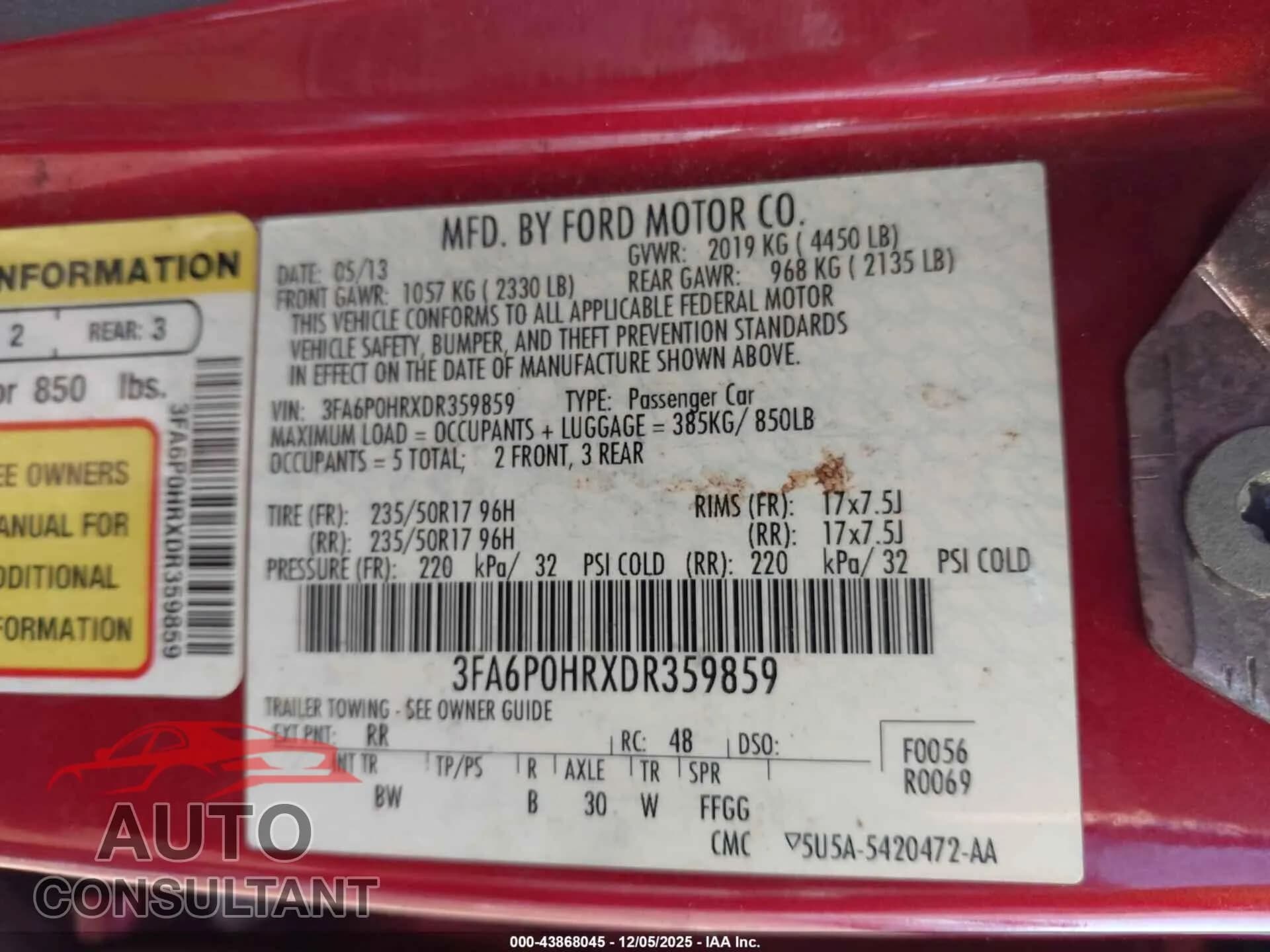 2013 FORD FUSION Damaged VIN 3FA6P0HRXDR359859 – trunk area 2013 FORD FUSION Damaged VIN 3FA6P0HRXDR359859 – trunk area