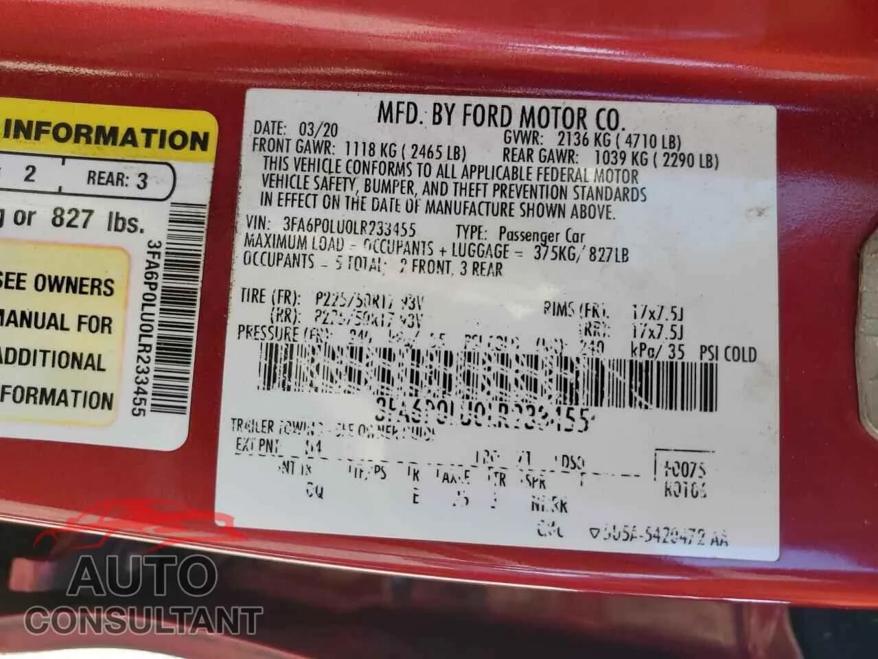 2020 FORD FUSION Damaged VIN 3FA6P0LU0LR233455 – photo 12 2020 FORD FUSION Damaged VIN 3FA6P0LU0LR233455 – photo 12