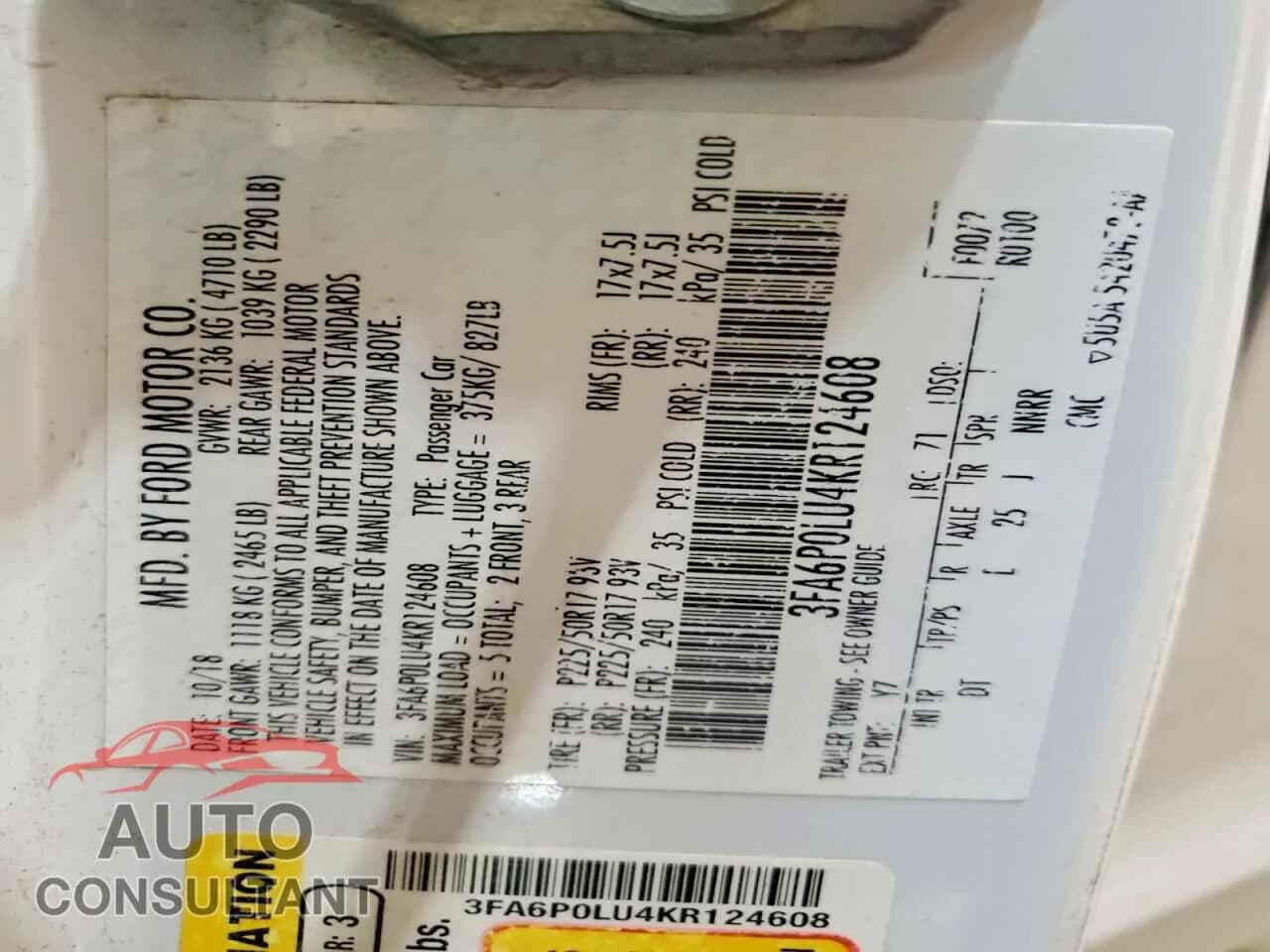 2019 FORD FUSION Damaged VIN 3FA6P0LU4KR124608 – photo 12 2019 FORD FUSION Damaged VIN 3FA6P0LU4KR124608 – photo 12