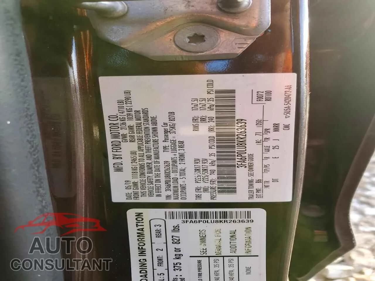 2019 FORD FUSION Damaged VIN 3FA6P0LU8KR263639 – photo 12 2019 FORD FUSION Damaged VIN 3FA6P0LU8KR263639 – photo 12