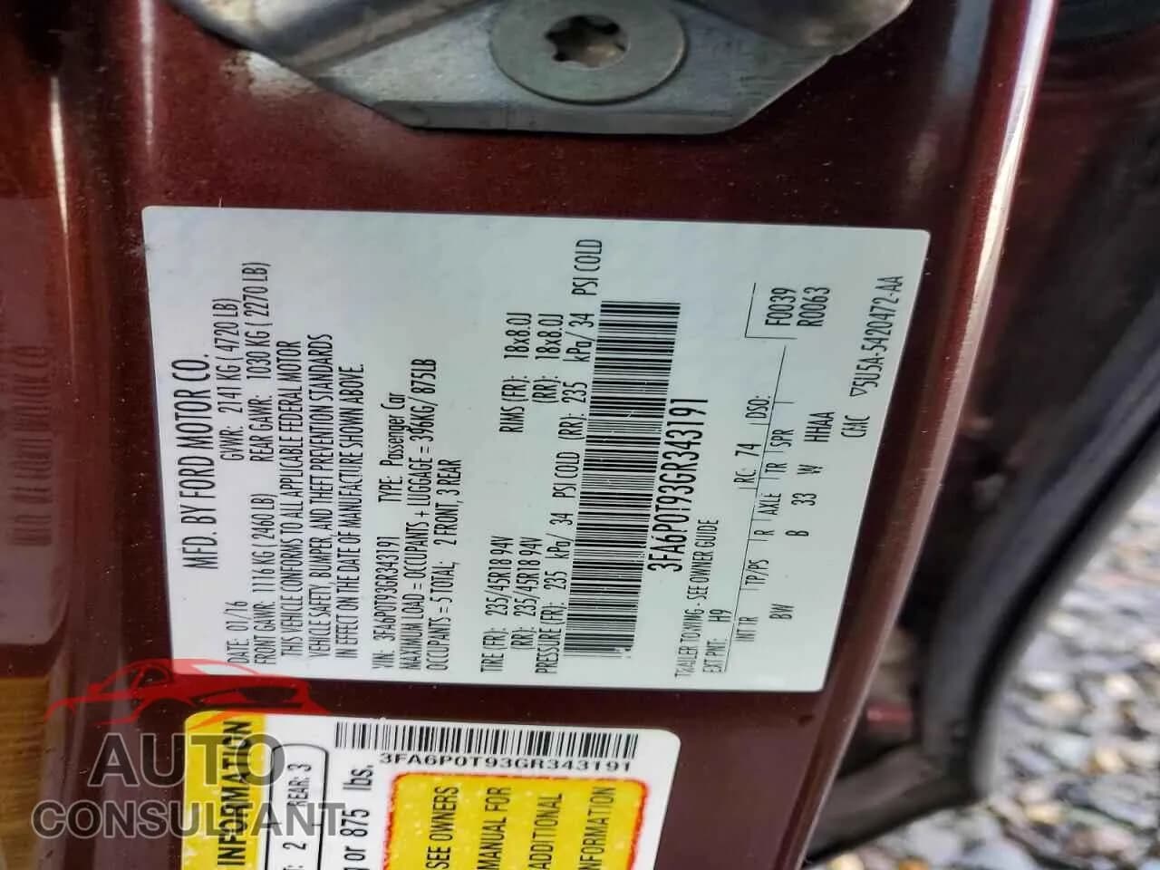 2016 FORD FUSION Damaged VIN 3FA6P0T93GR343191 – photo 12 2016 FORD FUSION Damaged VIN 3FA6P0T93GR343191 – photo 12