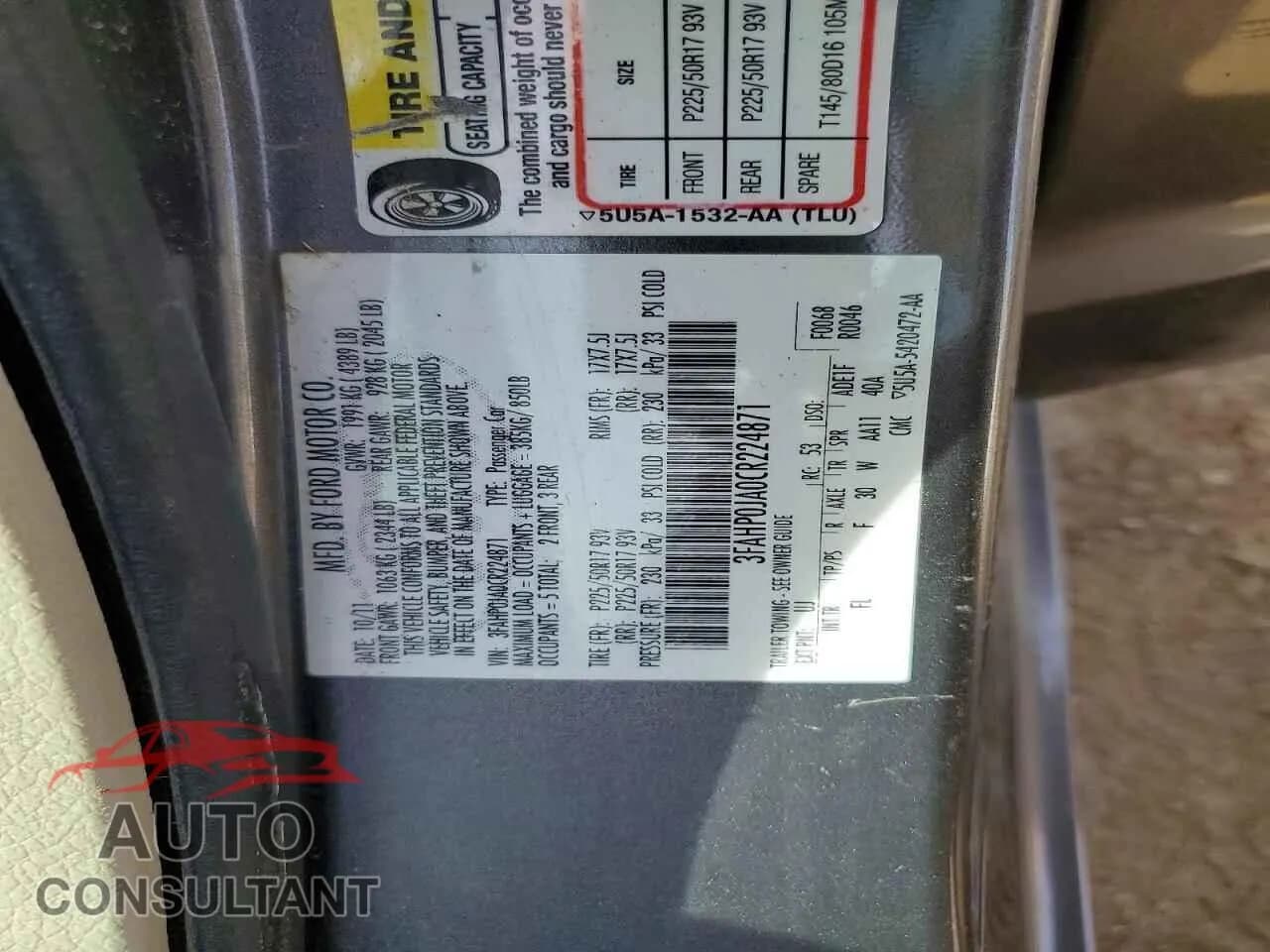 2012 FORD FUSION Damaged VIN 3FAHP0JA0CR224871 – photo 12 2012 FORD FUSION Damaged VIN 3FAHP0JA0CR224871 – photo 12