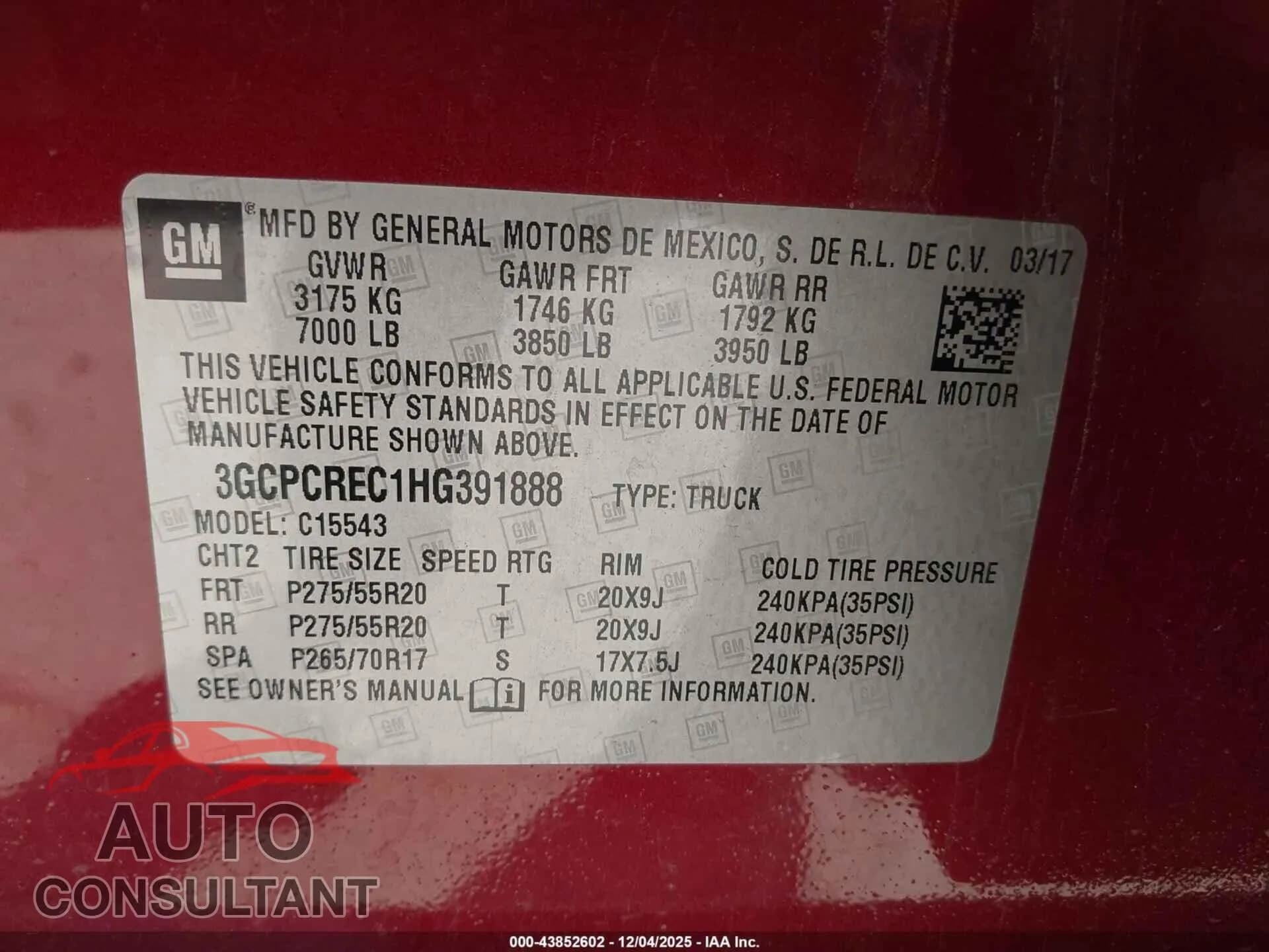 2017 CHEVROLET SILVERADO 1500 Damaged VIN 3GCPCREC1HG391888 – trunk area 2017 CHEVROLET SILVERADO 1500 Damaged VIN 3GCPCREC1HG391888 – trunk area