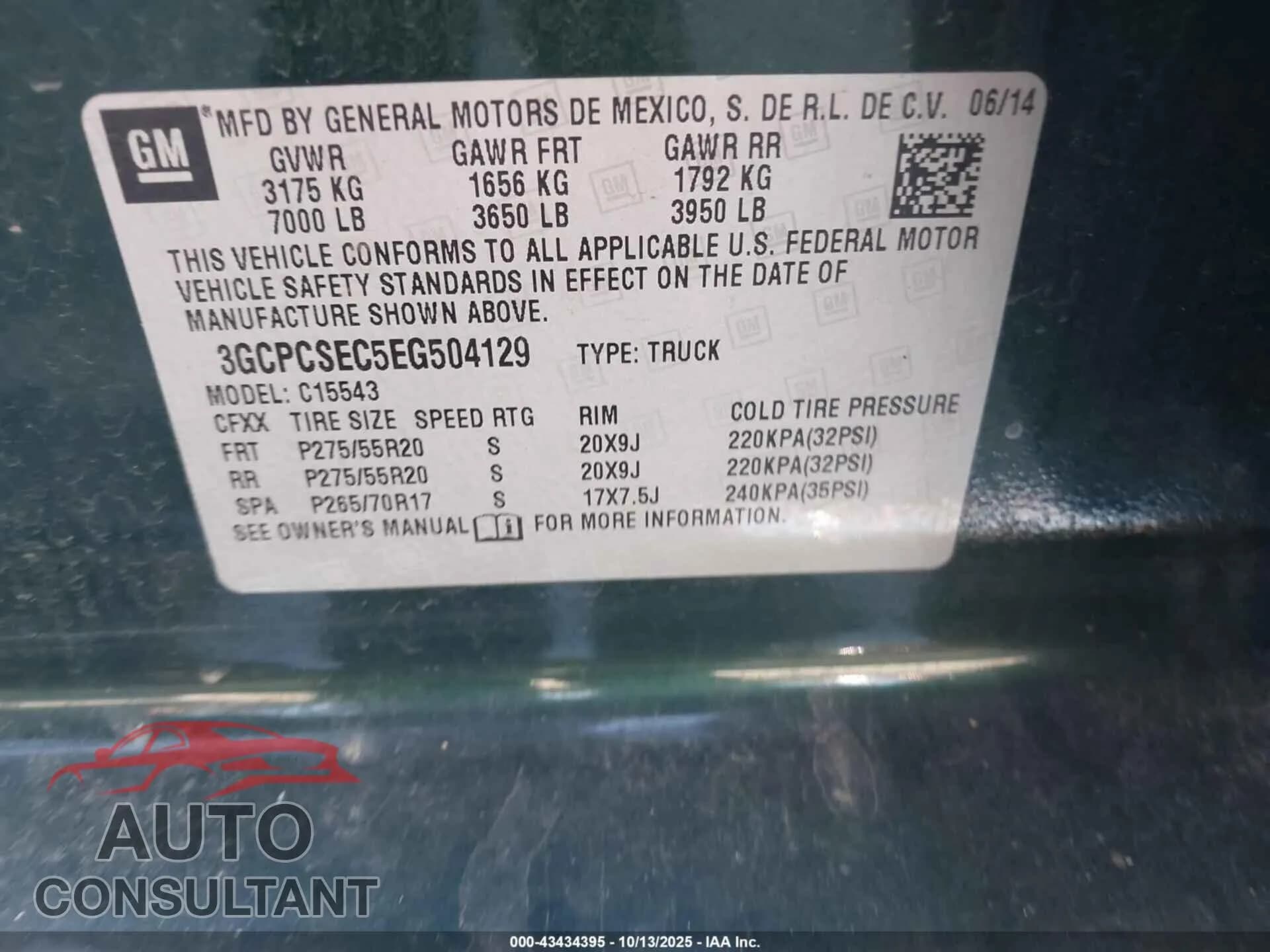 2014 CHEVROLET SILVERADO 1500 Damaged VIN 3GCPCSEC5EG504129 – trunk area 2014 CHEVROLET SILVERADO 1500 Damaged VIN 3GCPCSEC5EG504129 – trunk area