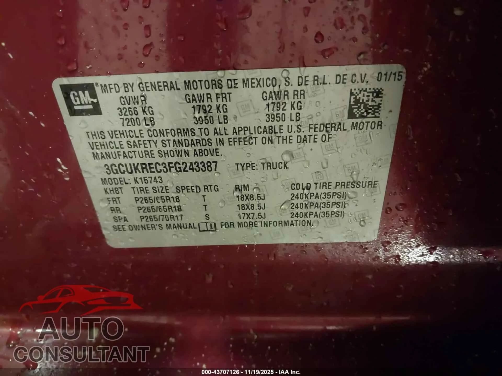 2015 CHEVROLET SILVERADO 1500 Damaged VIN 3GCUKREC3FG243387 – trunk area 2015 CHEVROLET SILVERADO 1500 Damaged VIN 3GCUKREC3FG243387 – trunk area