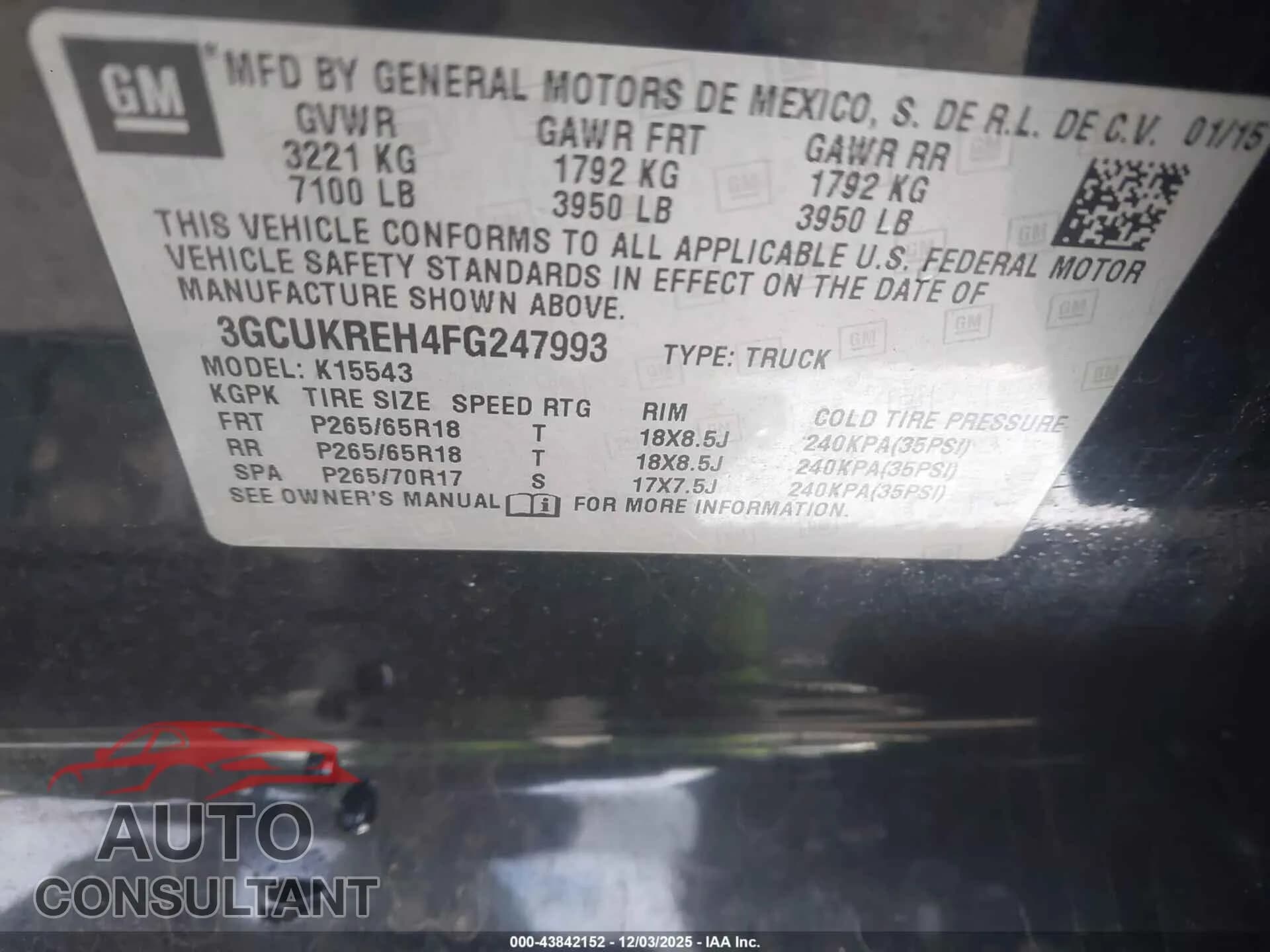 2015 CHEVROLET SILVERADO 1500 Damaged VIN 3GCUKREH4FG247993 – trunk area 2015 CHEVROLET SILVERADO 1500 Damaged VIN 3GCUKREH4FG247993 – trunk area