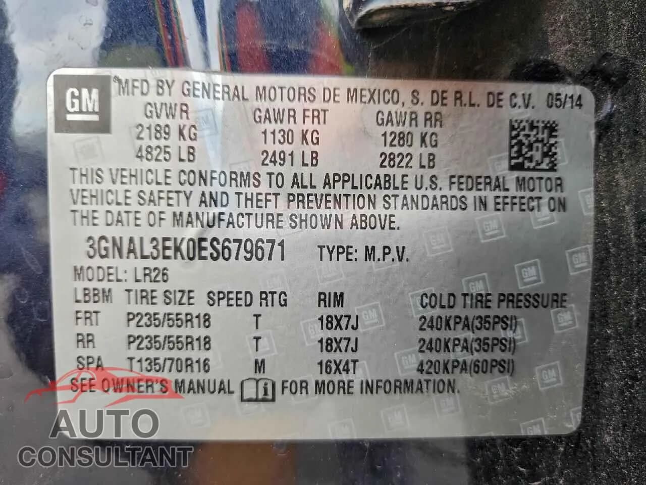 2014 CHEVROLET CAPTIVA Damaged VIN 3GNAL3EK0ES679671 – photo 14 2014 CHEVROLET CAPTIVA Damaged VIN 3GNAL3EK0ES679671 – photo 14