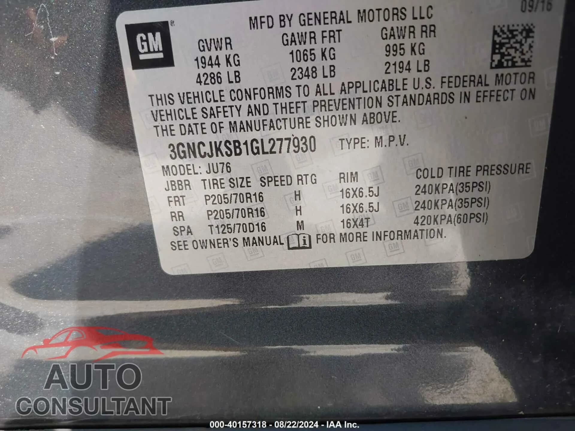 2016 CHEVROLET TRAX Damaged VIN 3GNCJKSB1GL277930 – trunk area 2016 CHEVROLET TRAX Damaged VIN 3GNCJKSB1GL277930 – trunk area