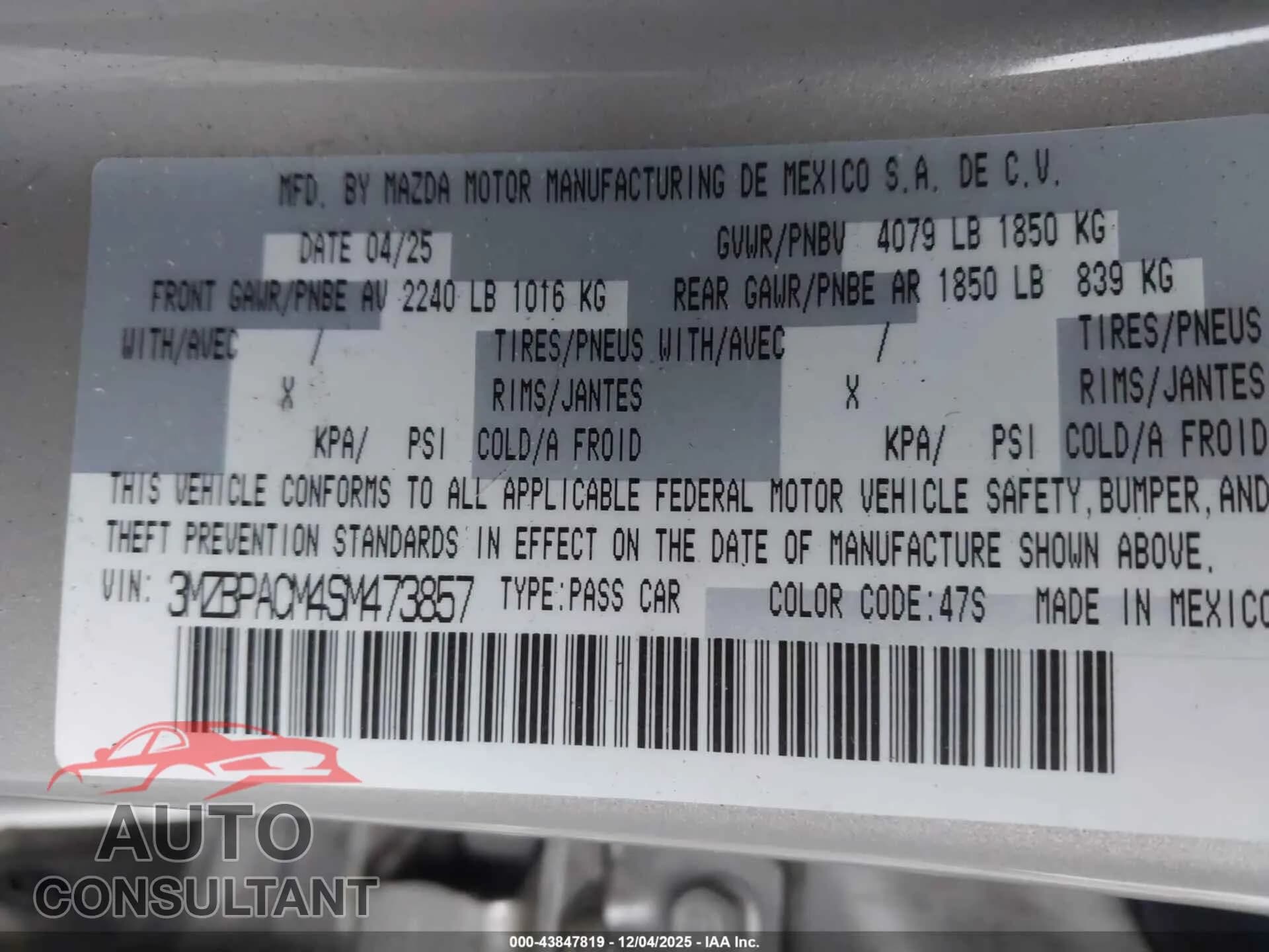 2025 MAZDA MAZDA3 Damaged VIN 3MZBPACM4SM473857 – trunk area 2025 MAZDA MAZDA3 Damaged VIN 3MZBPACM4SM473857 – trunk area