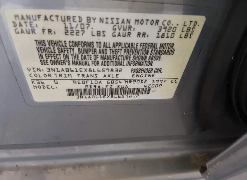 2008 NISSAN Sentra Used VIN 3N1AB61EX8L659832 – undercarriage 2008 NISSAN Sentra Used VIN 3N1AB61EX8L659832 – undercarriage