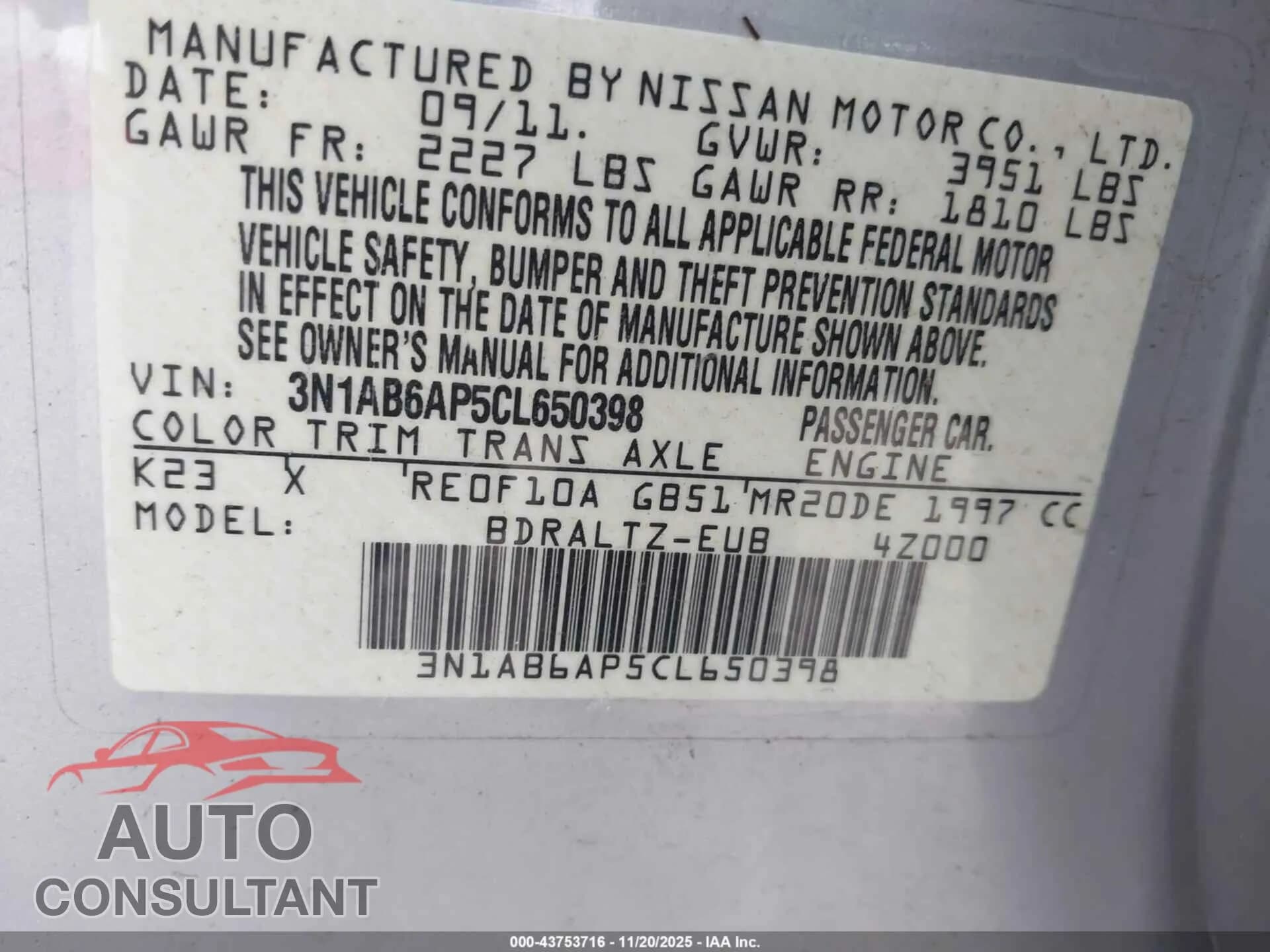 2012 NISSAN SENTRA Damaged VIN 3N1AB6AP5CL650398 – trunk area 2012 NISSAN SENTRA Damaged VIN 3N1AB6AP5CL650398 – trunk area