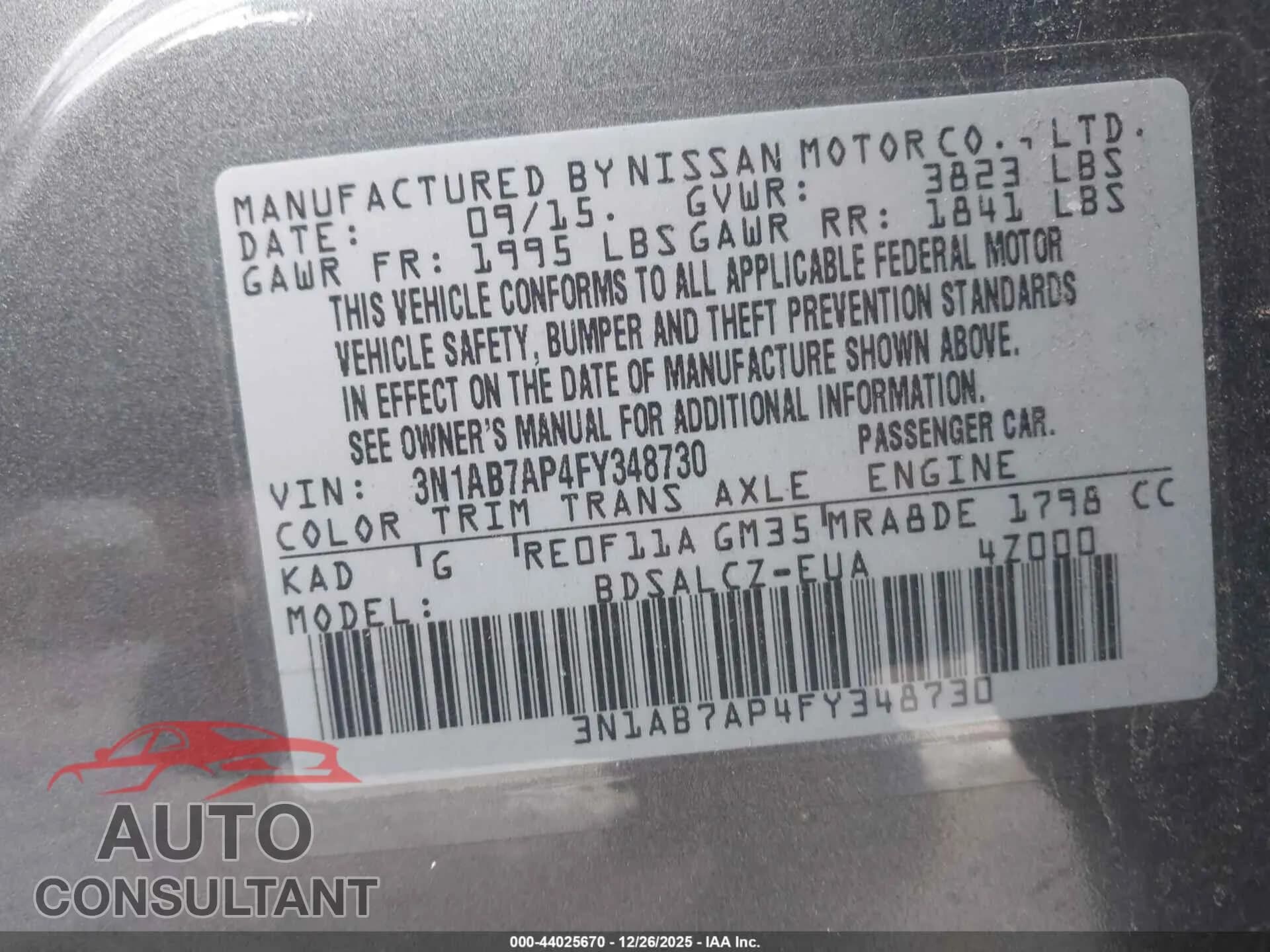 2015 NISSAN SENTRA Damaged VIN 3N1AB7AP4FY348730 – trunk area 2015 NISSAN SENTRA Damaged VIN 3N1AB7AP4FY348730 – trunk area