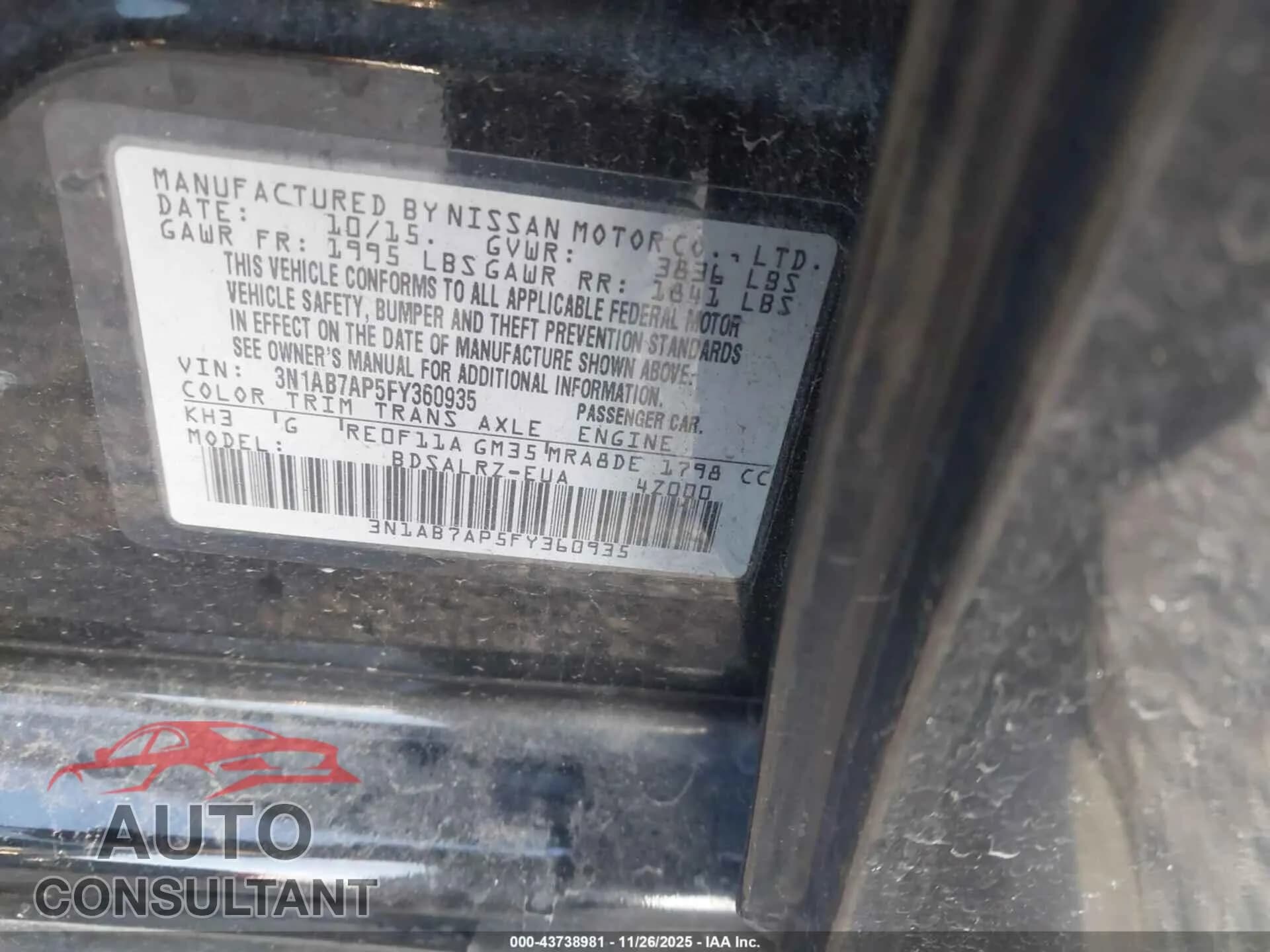 2015 NISSAN SENTRA Damaged VIN 3N1AB7AP5FY360935 – trunk area 2015 NISSAN SENTRA Damaged VIN 3N1AB7AP5FY360935 – trunk area