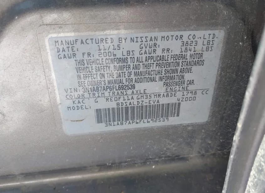 2015 NISSAN Sentra - VIN 3N1AB7AP6FL692539 2015 NISSAN Sentra VIN 3N1AB7AP6FL692539