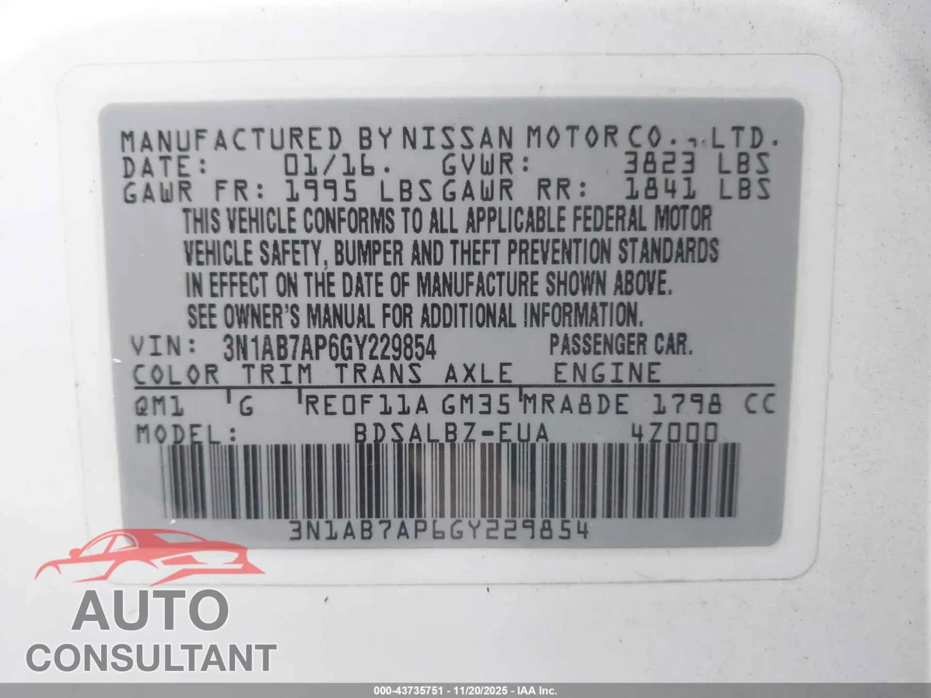 2016 NISSAN SENTRA Damaged VIN 3N1AB7AP6GY229854 – trunk area 2016 NISSAN SENTRA Damaged VIN 3N1AB7AP6GY229854 – trunk area
