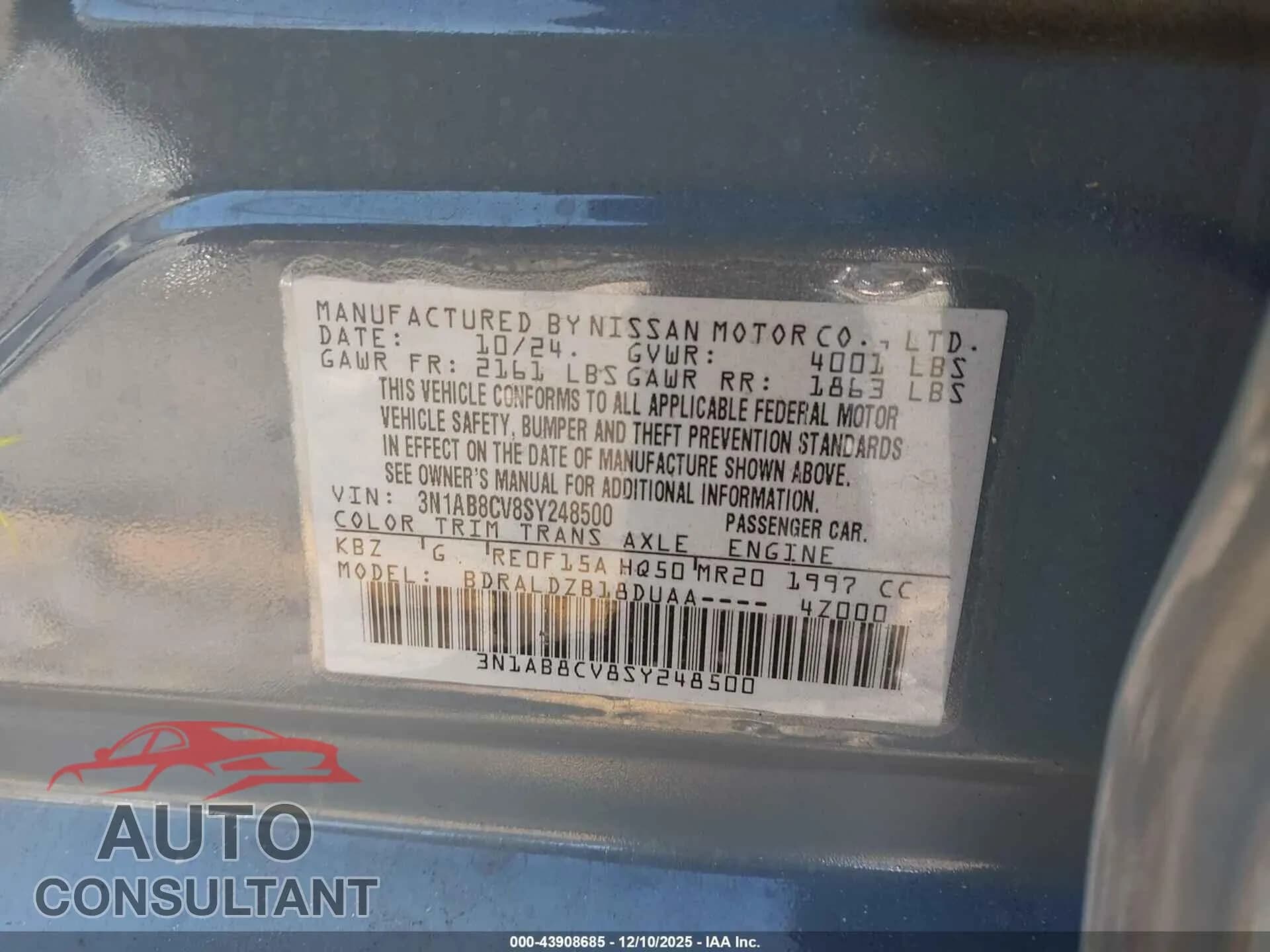 2025 NISSAN SENTRA Damaged VIN 3N1AB8CV8SY248500 – trunk area 2025 NISSAN SENTRA Damaged VIN 3N1AB8CV8SY248500 – trunk area