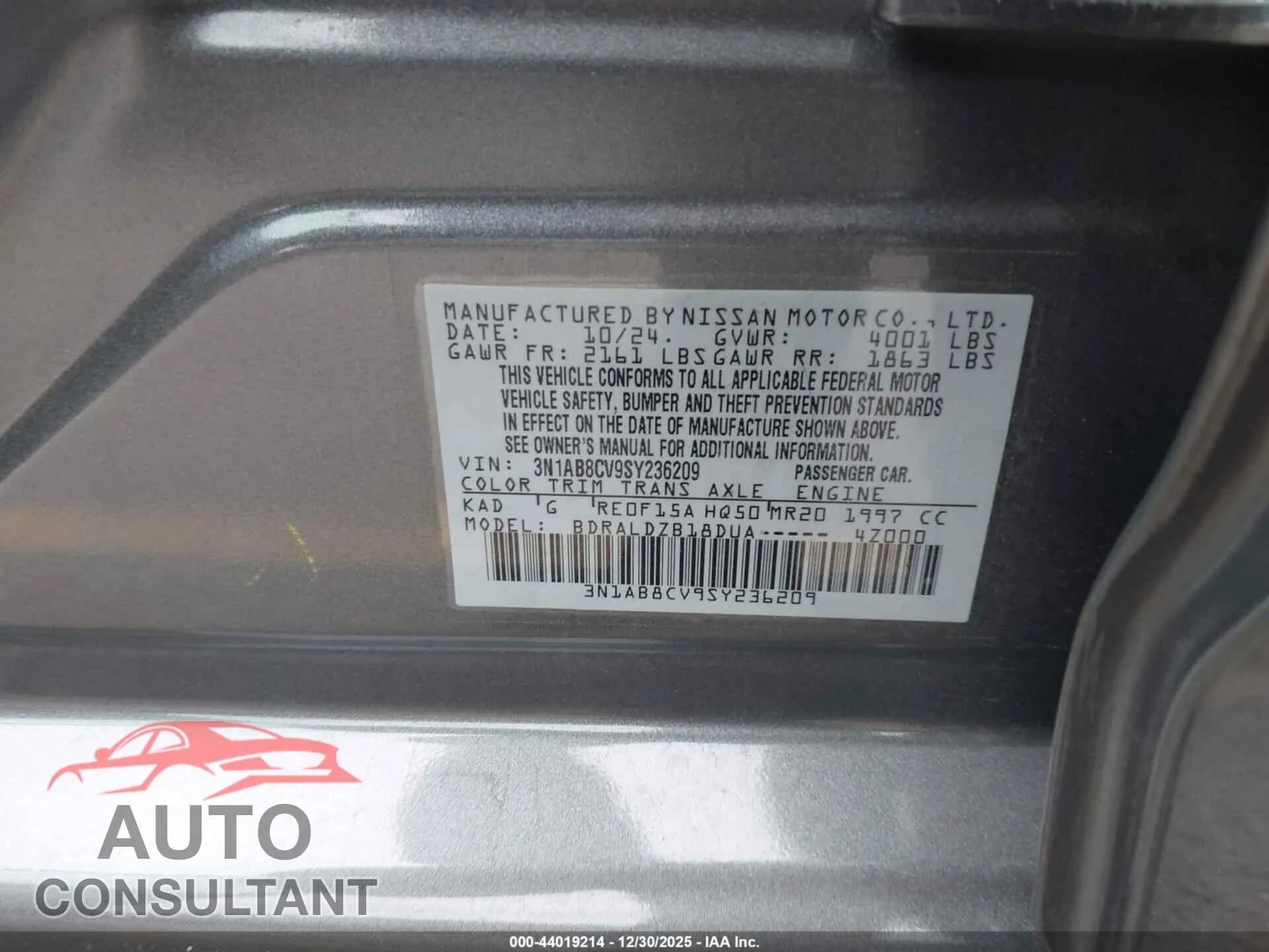 2025 NISSAN SENTRA Damaged VIN 3N1AB8CV9SY236209 – trunk area 2025 NISSAN SENTRA Damaged VIN 3N1AB8CV9SY236209 – trunk area