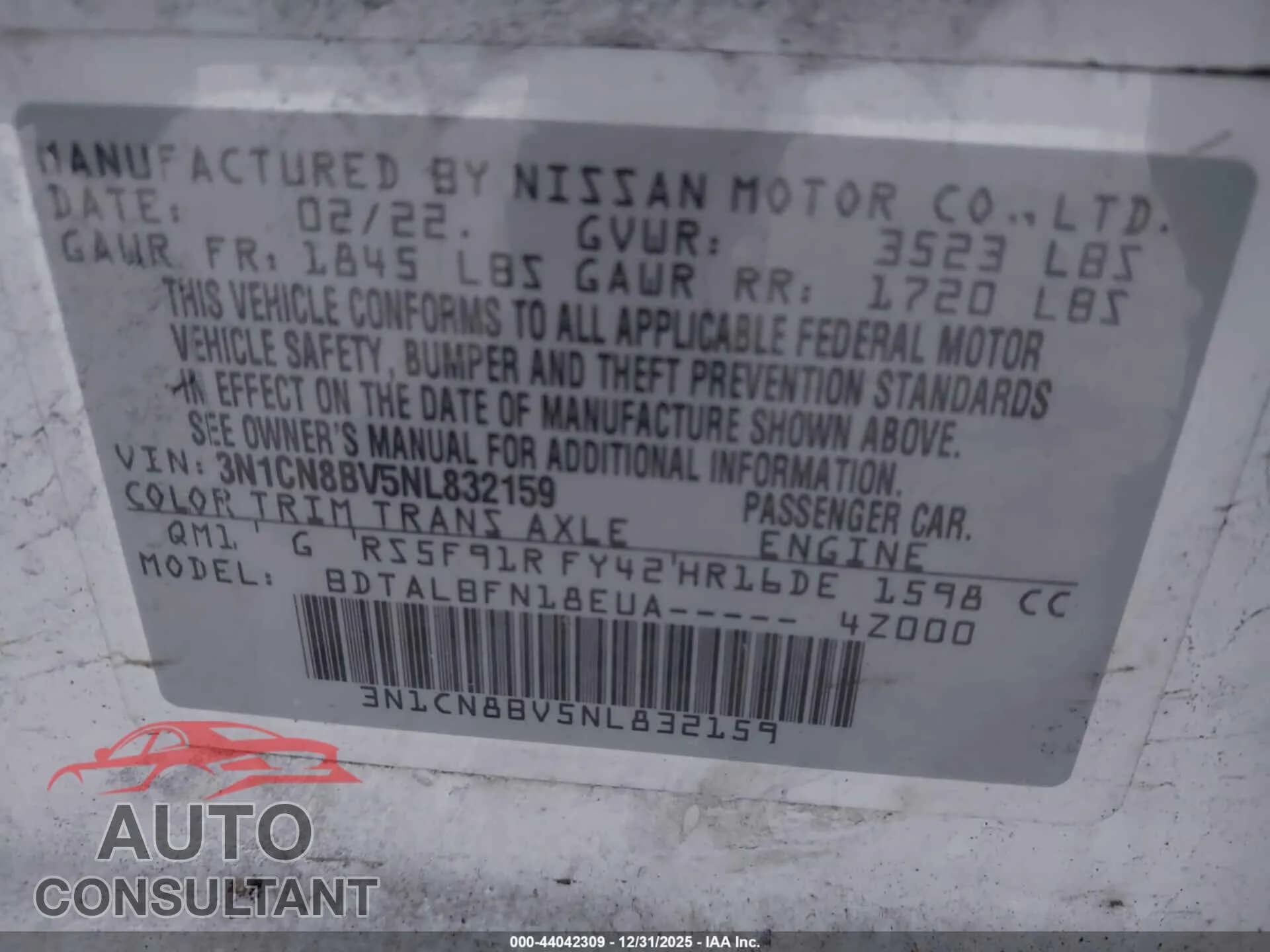 2022 NISSAN VERSA Damaged VIN 3N1CN8BV5NL832159 – trunk area 2022 NISSAN VERSA Damaged VIN 3N1CN8BV5NL832159 – trunk area