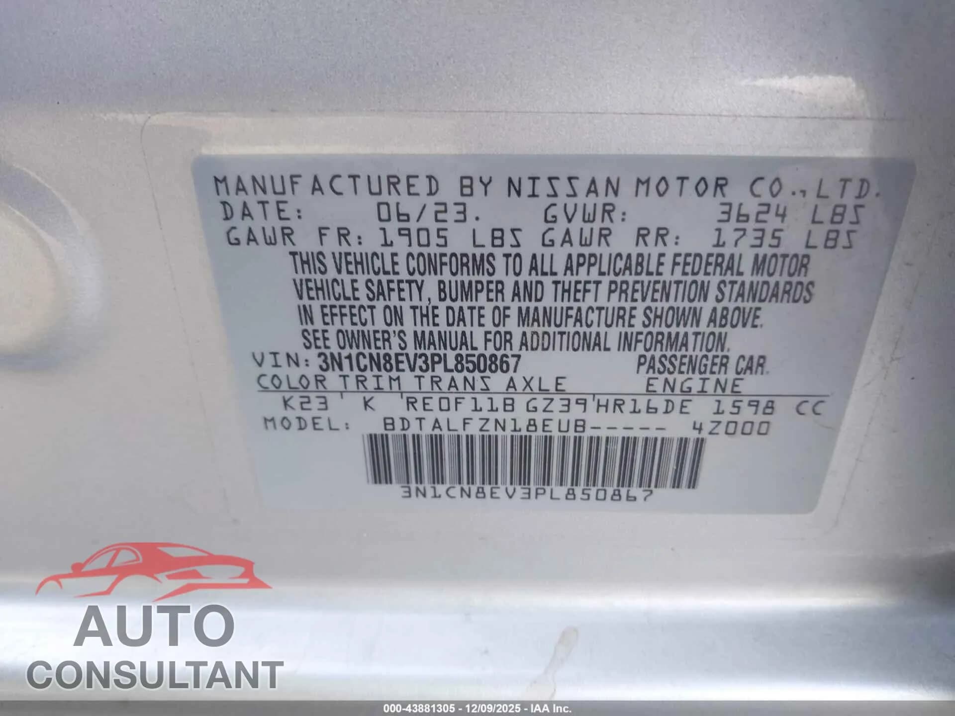 2023 NISSAN VERSA Damaged VIN 3N1CN8EV3PL850867 – trunk area 2023 NISSAN VERSA Damaged VIN 3N1CN8EV3PL850867 – trunk area