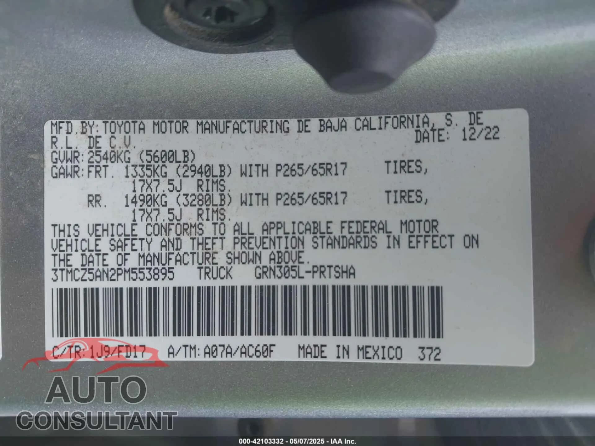 2023 TOYOTA TACOMA Damaged VIN 3TMCZ5AN2PM553895 – trunk area 2023 TOYOTA TACOMA Damaged VIN 3TMCZ5AN2PM553895 – trunk area