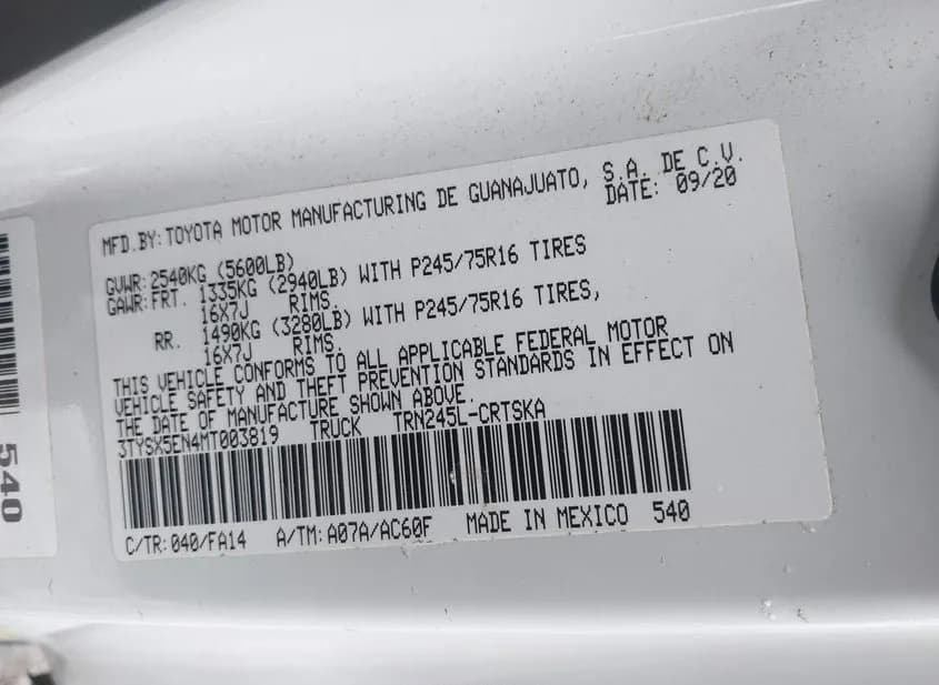 2021 TOYOTA Tacoma Used VIN 3TYSX5EN4MT003819 – trunk area 2021 TOYOTA Tacoma Used VIN 3TYSX5EN4MT003819 – trunk area