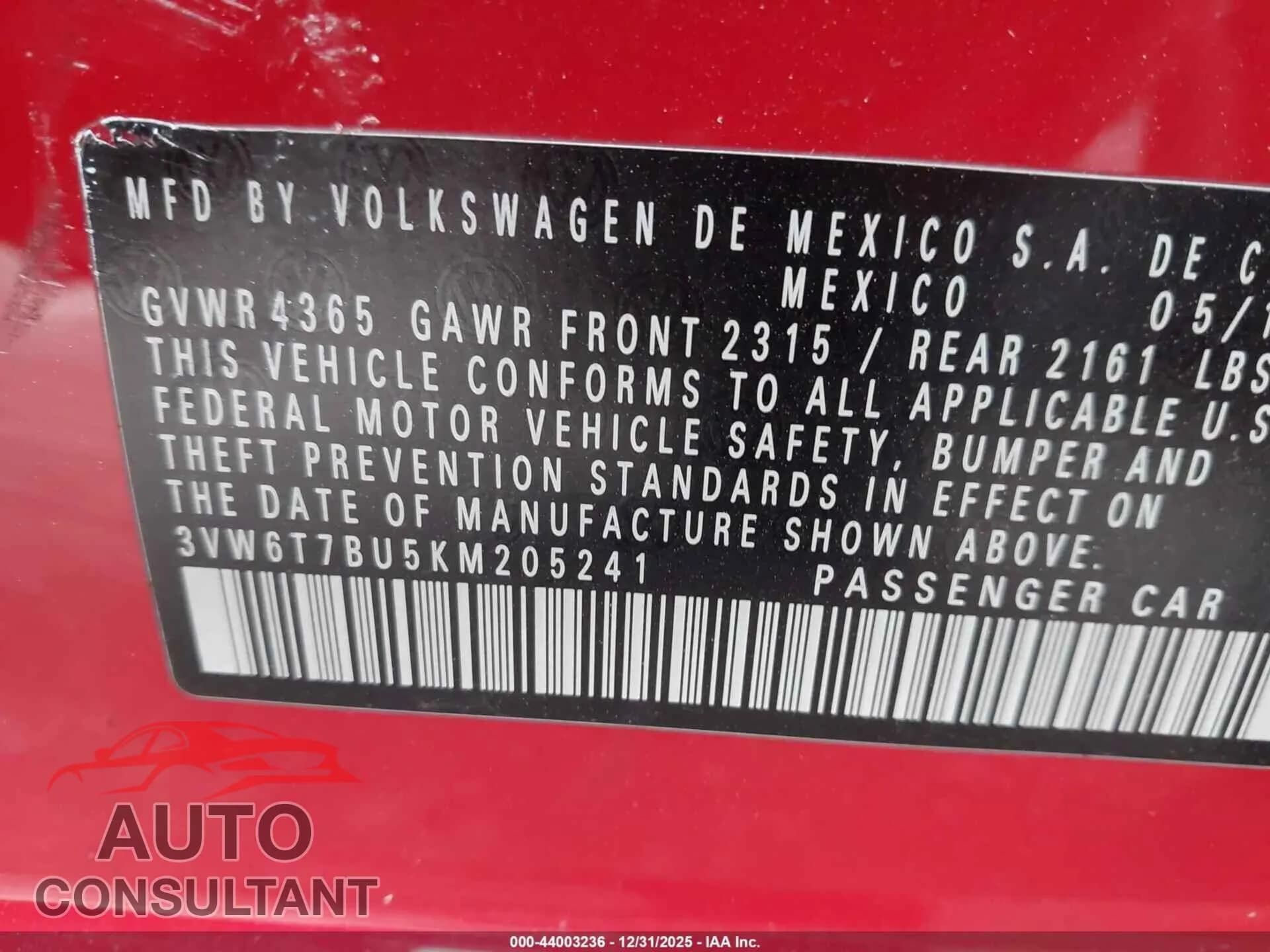 2019 VOLKSWAGEN JETTA GLI Damaged VIN 3VW6T7BU5KM205241 – trunk area 2019 VOLKSWAGEN JETTA GLI Damaged VIN 3VW6T7BU5KM205241 – trunk area