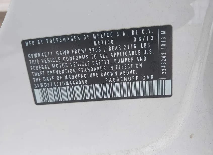 2013 VOLKSWAGEN Jetta Used VIN 3VWDP7AJ7DM448958 – odometer reading 2013 VOLKSWAGEN Jetta Used VIN 3VWDP7AJ7DM448958 – odometer reading