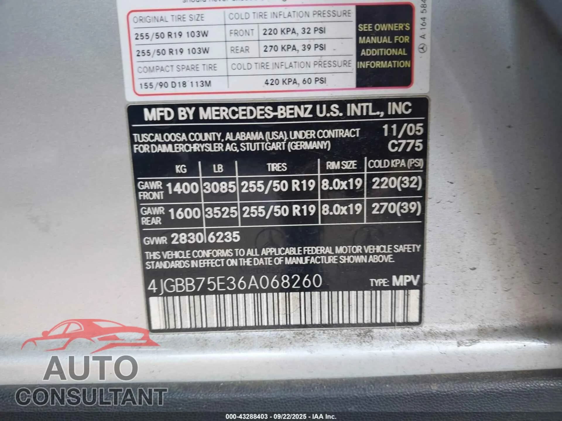 2006 MERCEDES-BENZ ML 500 Damaged VIN 4JGBB75E36A068260 – trunk area 2006 MERCEDES-BENZ ML 500 Damaged VIN 4JGBB75E36A068260 – trunk area
