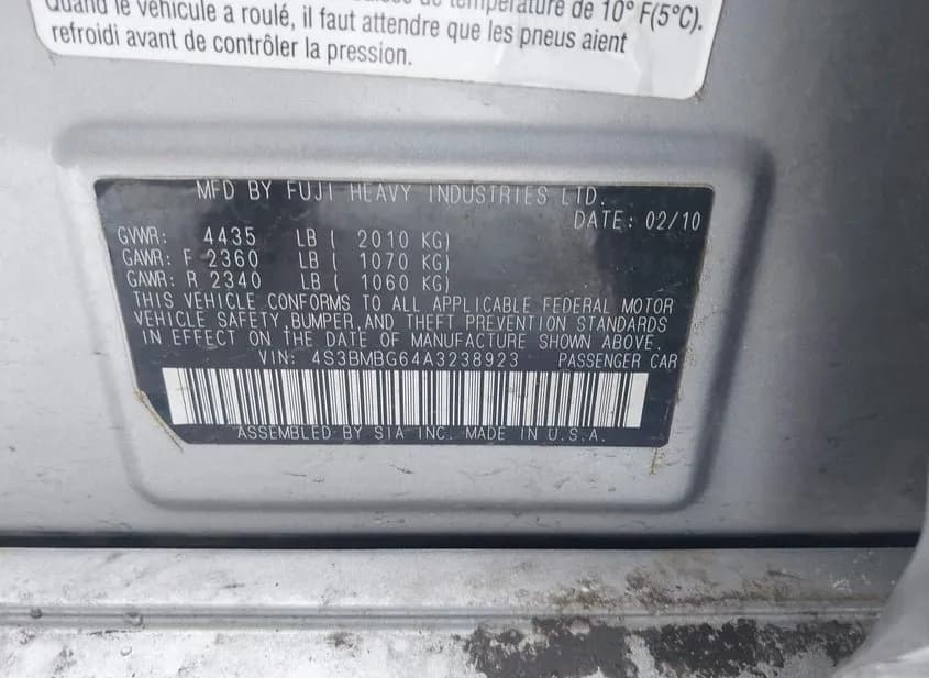 2010 SUBARU Legacy Used VIN 4S3BMBG64A3238923 – rear exterior 2010 SUBARU Legacy Used VIN 4S3BMBG64A3238923 – rear exterior