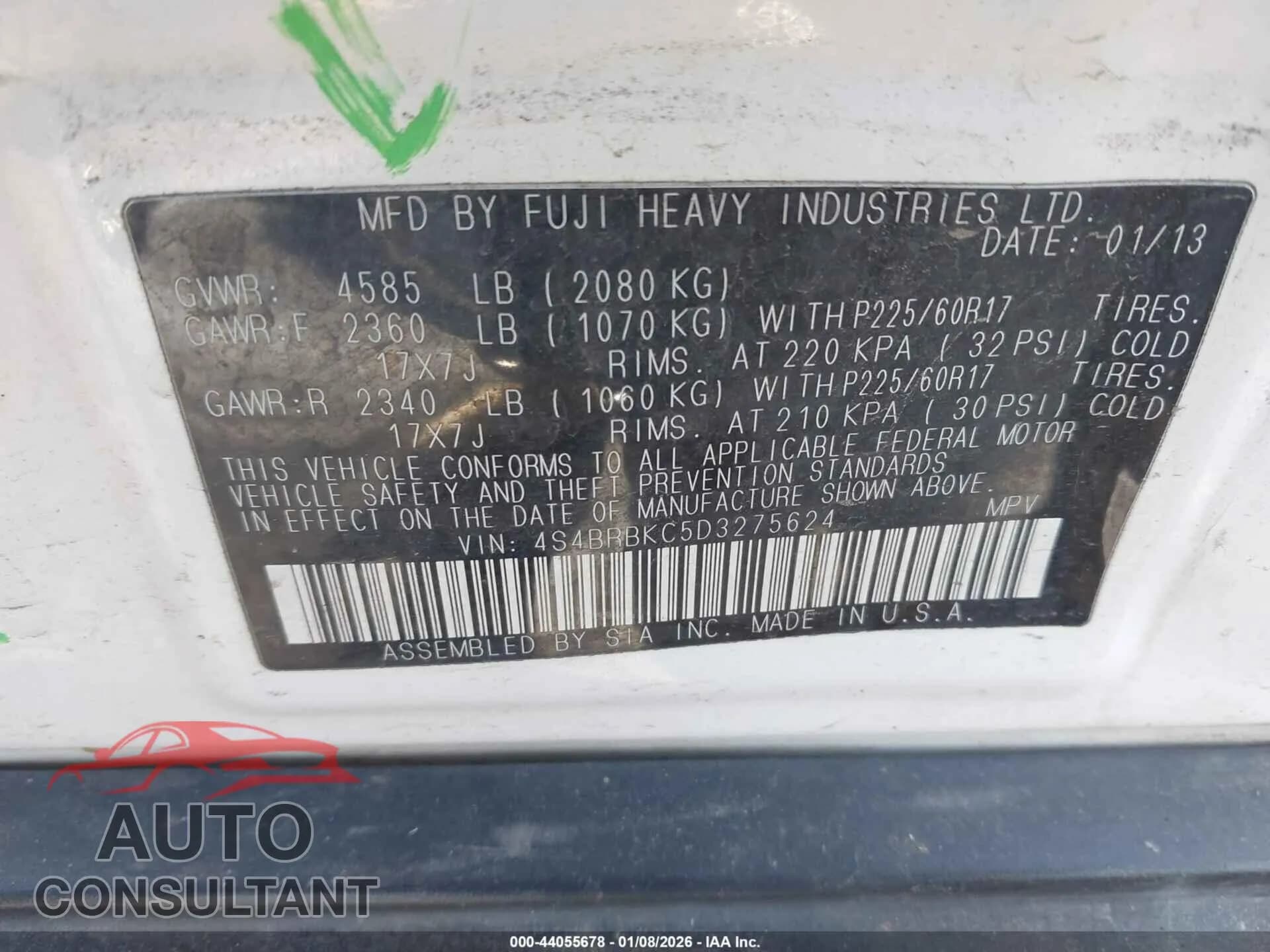 2013 SUBARU OUTBACK Damaged VIN 4S4BRBKC5D3275624 – trunk area 2013 SUBARU OUTBACK Damaged VIN 4S4BRBKC5D3275624 – trunk area