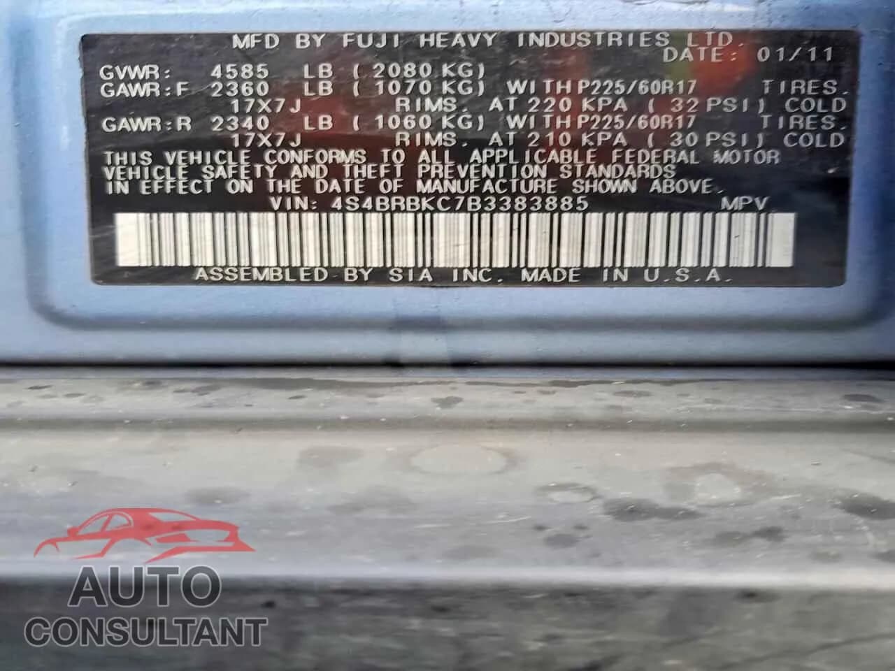 2011 SUBARU OUTBACK Damaged VIN 4S4BRBKC7B3383885 – photo 13 2011 SUBARU OUTBACK Damaged VIN 4S4BRBKC7B3383885 – photo 13