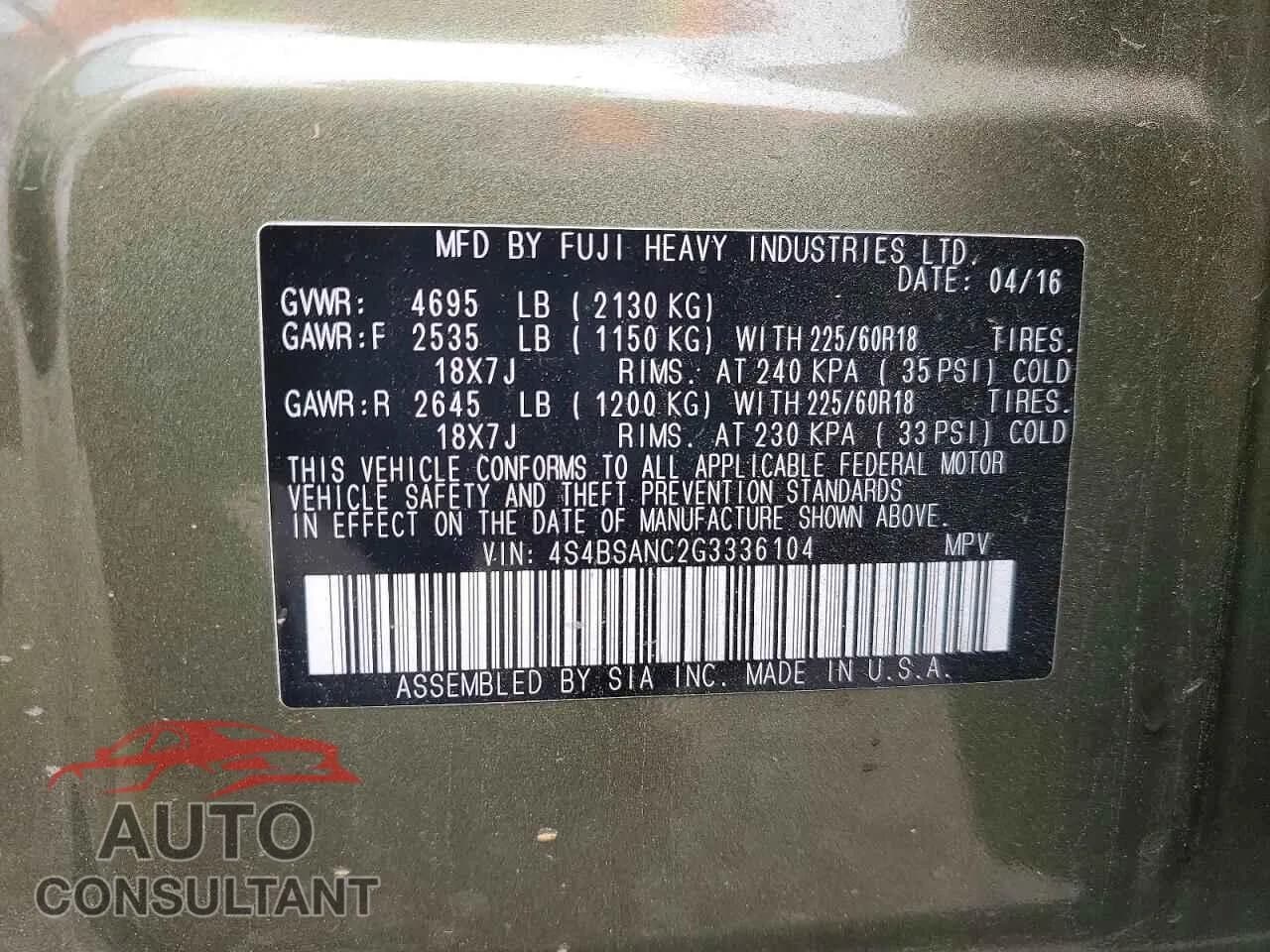 2016 SUBARU OUTBACK Damaged VIN 4S4BSANC2G3336104 – photo 12 2016 SUBARU OUTBACK Damaged VIN 4S4BSANC2G3336104 – photo 12