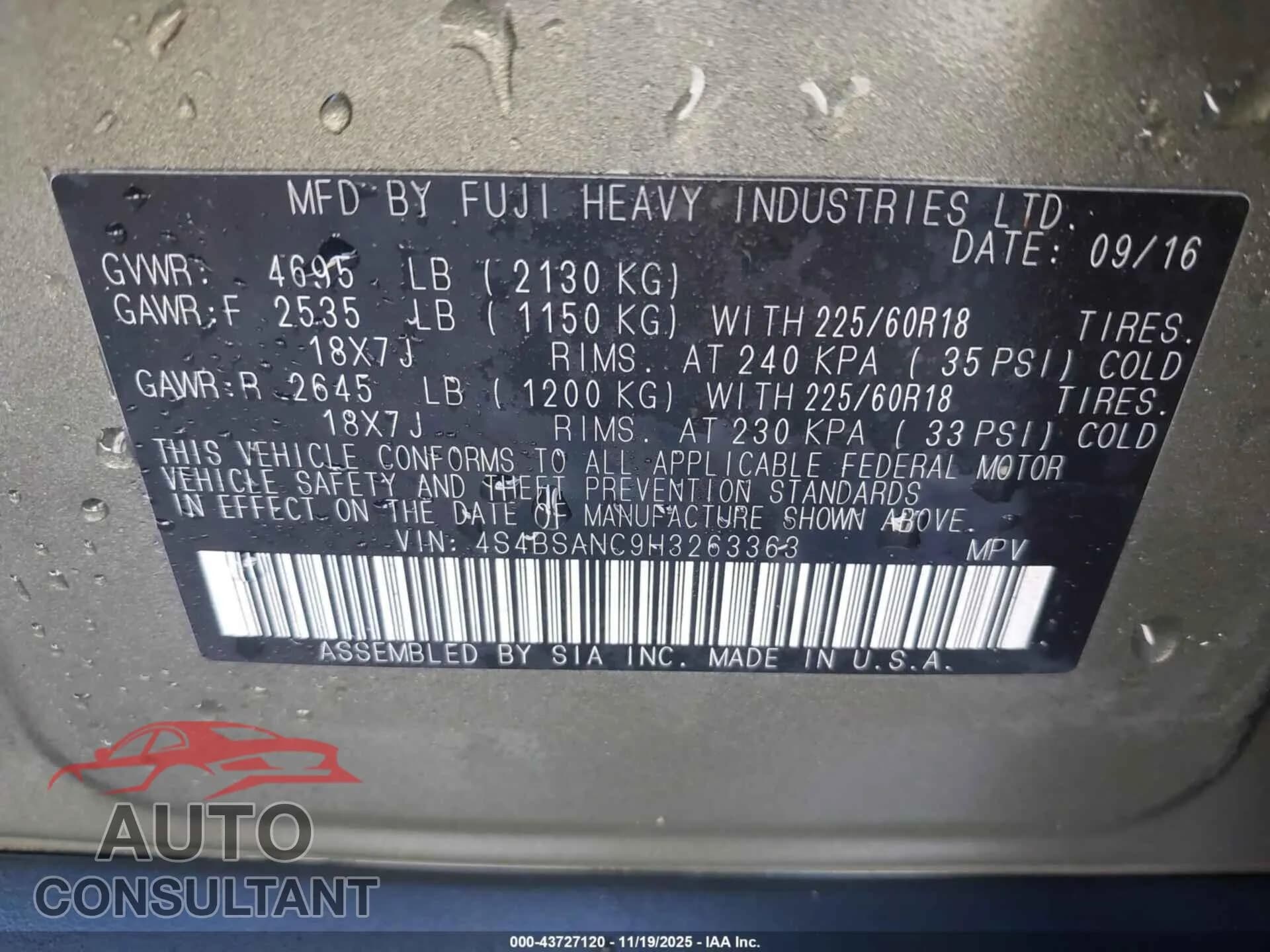 2017 SUBARU OUTBACK Damaged VIN 4S4BSANC9H3263363 – trunk area 2017 SUBARU OUTBACK Damaged VIN 4S4BSANC9H3263363 – trunk area