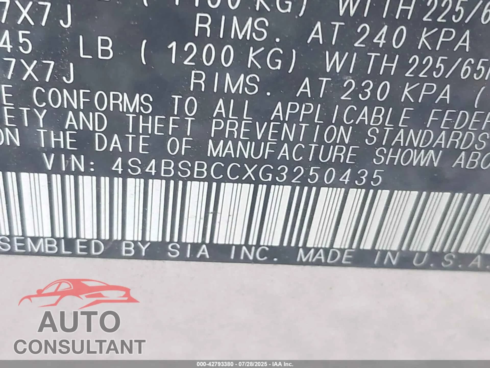 2016 SUBARU OUTBACK Damaged VIN 4S4BSBCCXG3250435 – trunk area 2016 SUBARU OUTBACK Damaged VIN 4S4BSBCCXG3250435 – trunk area