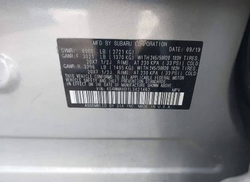 2020 SUBARU Ascent Used VIN 4S4WMAHD1L3421462 – trunk area 2020 SUBARU Ascent Used VIN 4S4WMAHD1L3421462 – trunk area