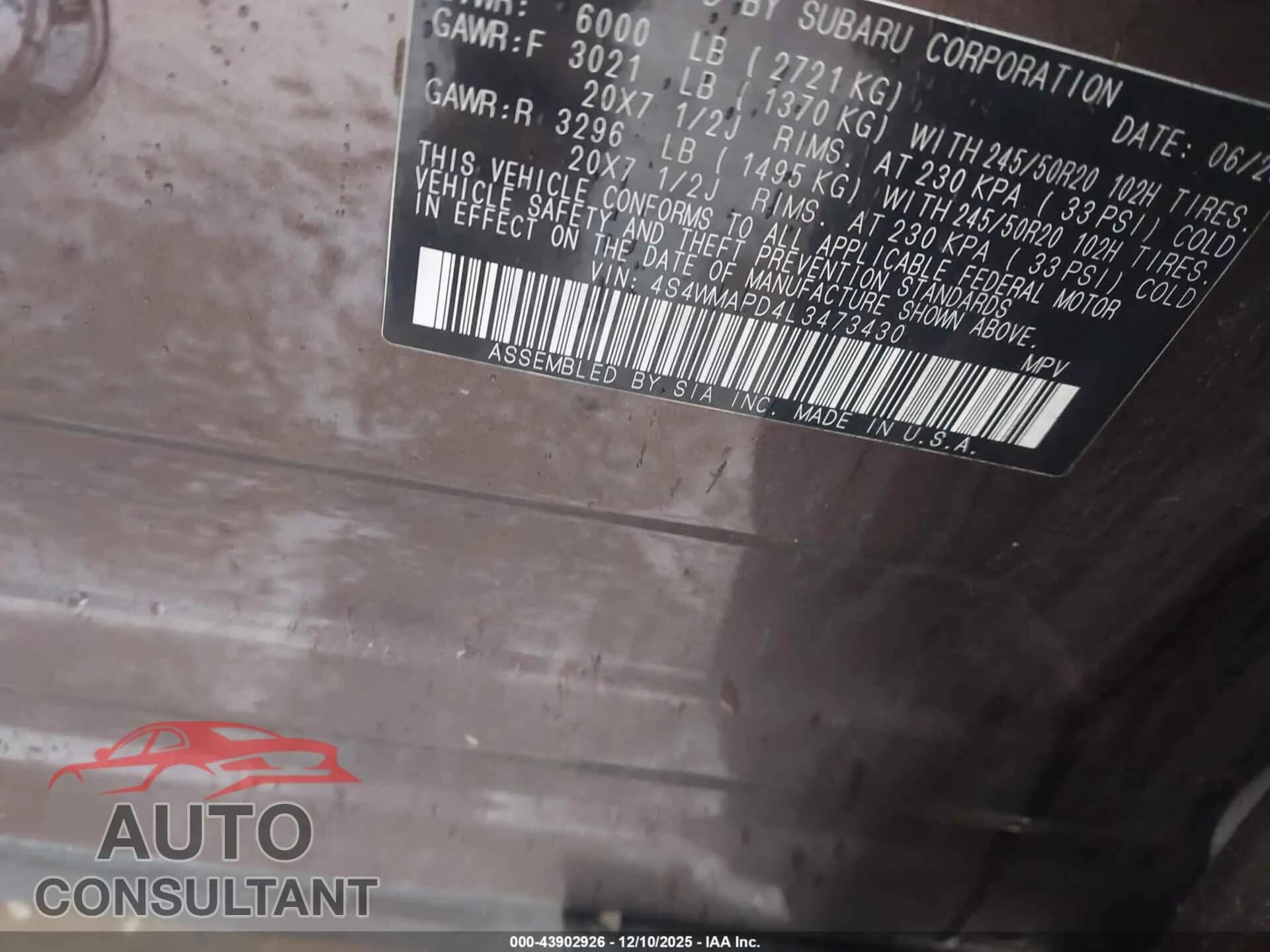 2020 SUBARU ASCENT Damaged VIN 4S4WMAPD4L3473430 – trunk area 2020 SUBARU ASCENT Damaged VIN 4S4WMAPD4L3473430 – trunk area